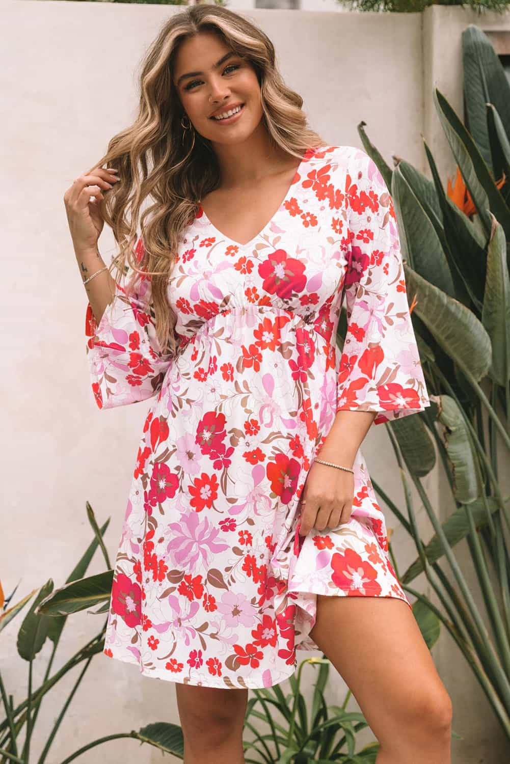 White Floral Print V Neck Flutter Half Sleeve Empire Waist Dress