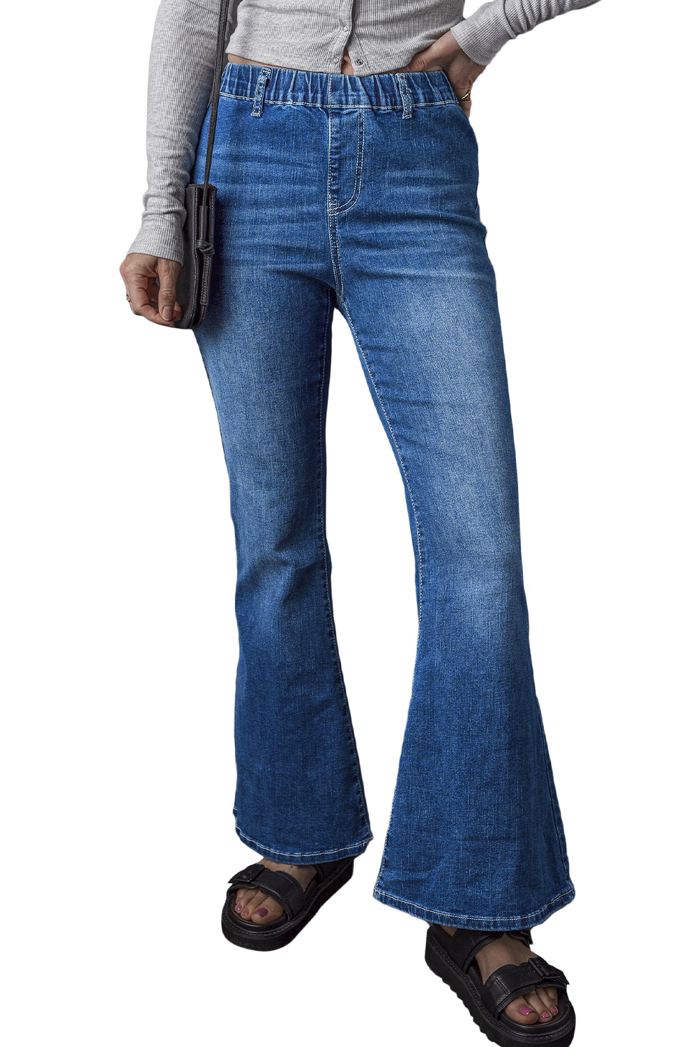 Blue Elastic High Waist Flare Jeans