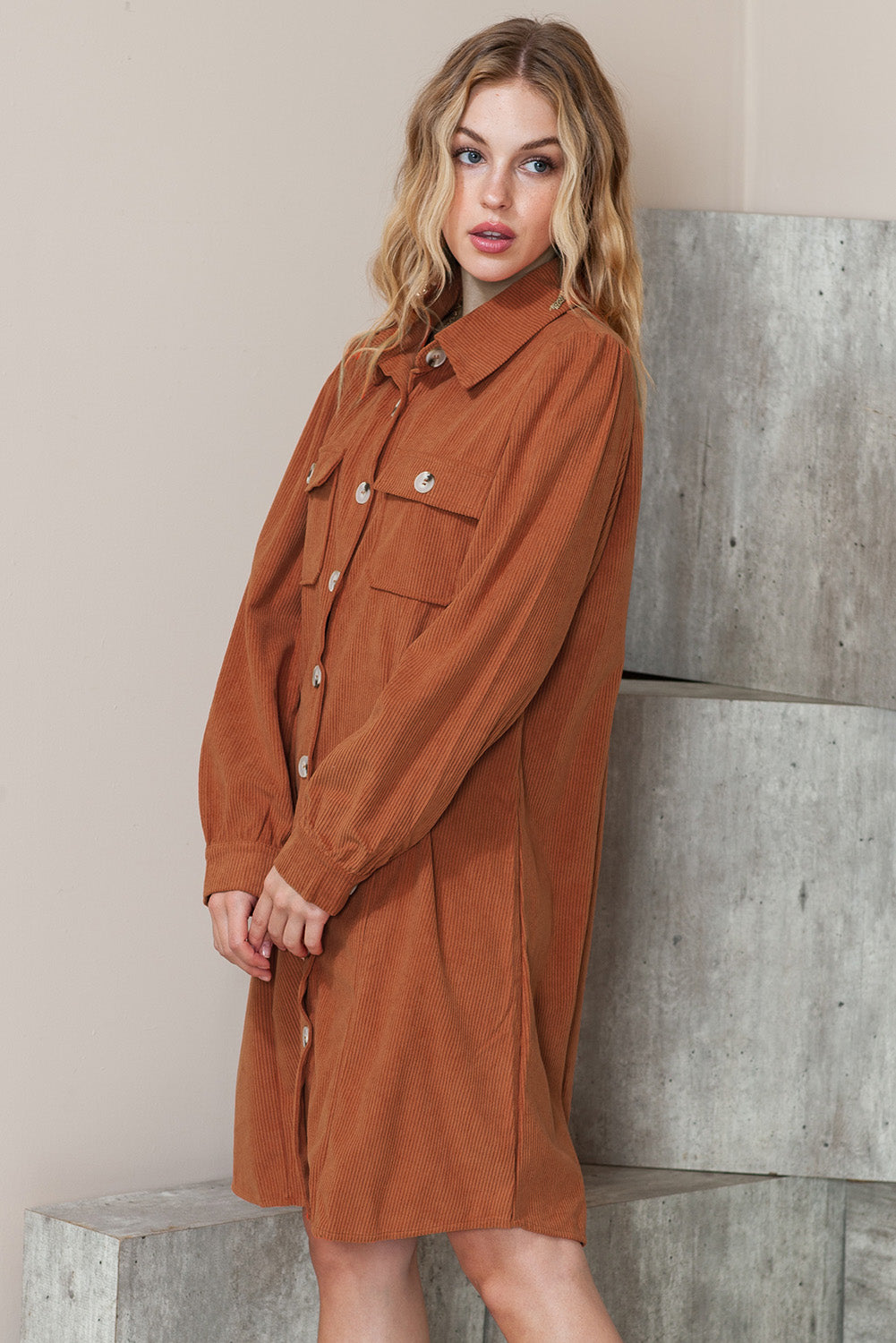 Khaki Flap Pockets Breasted Corduroy Shirt Short Dress