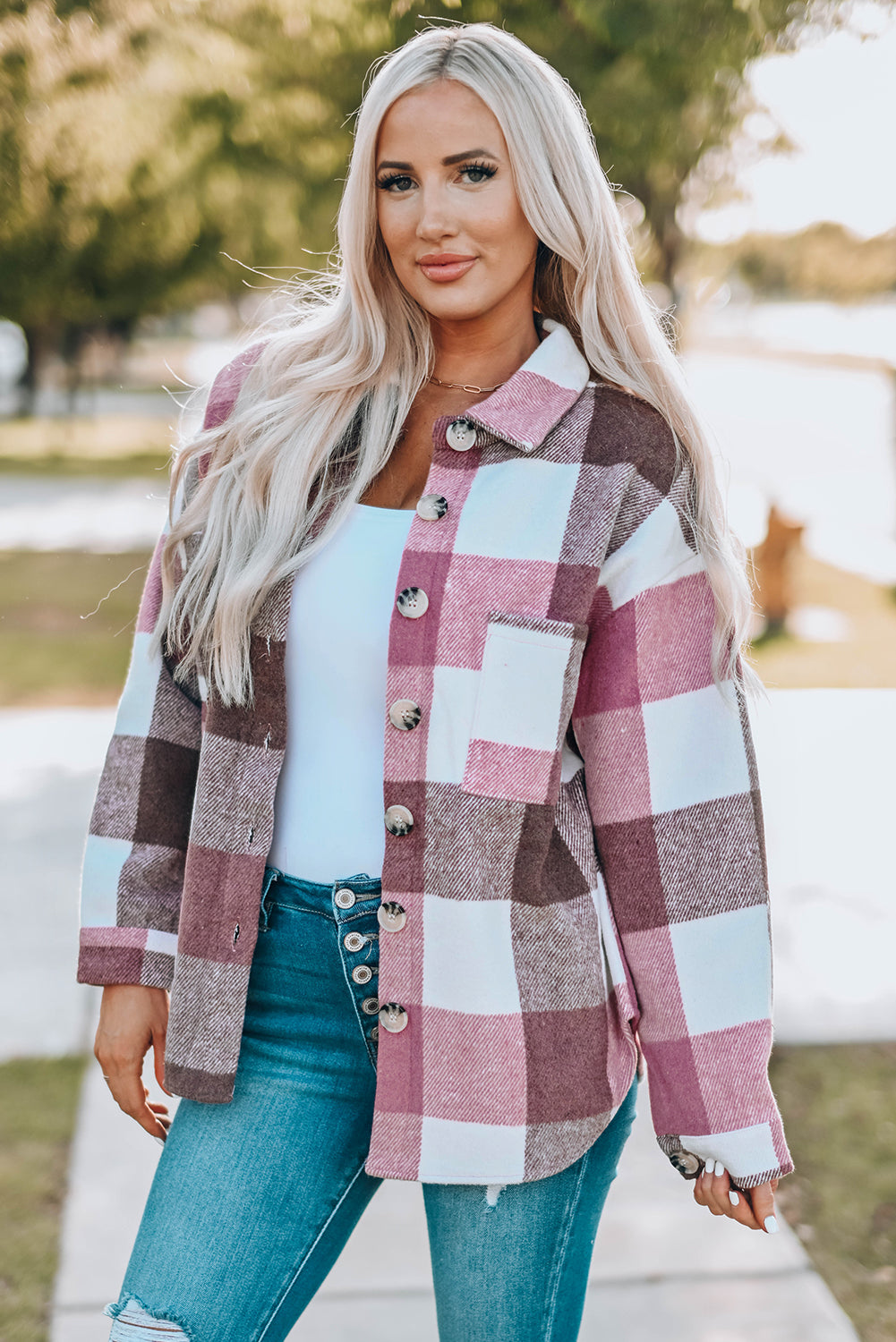 Plaid Buttoned Long Sleeve Jacket with Pocket