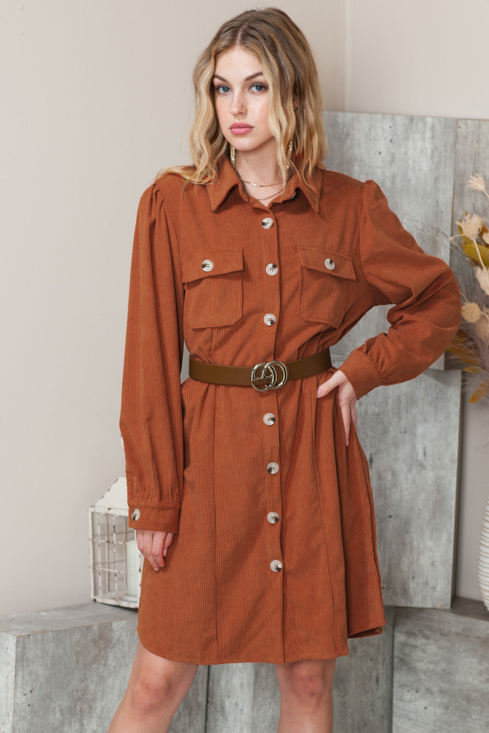 Khaki Flap Pockets Breasted Corduroy Shirt Short Dress