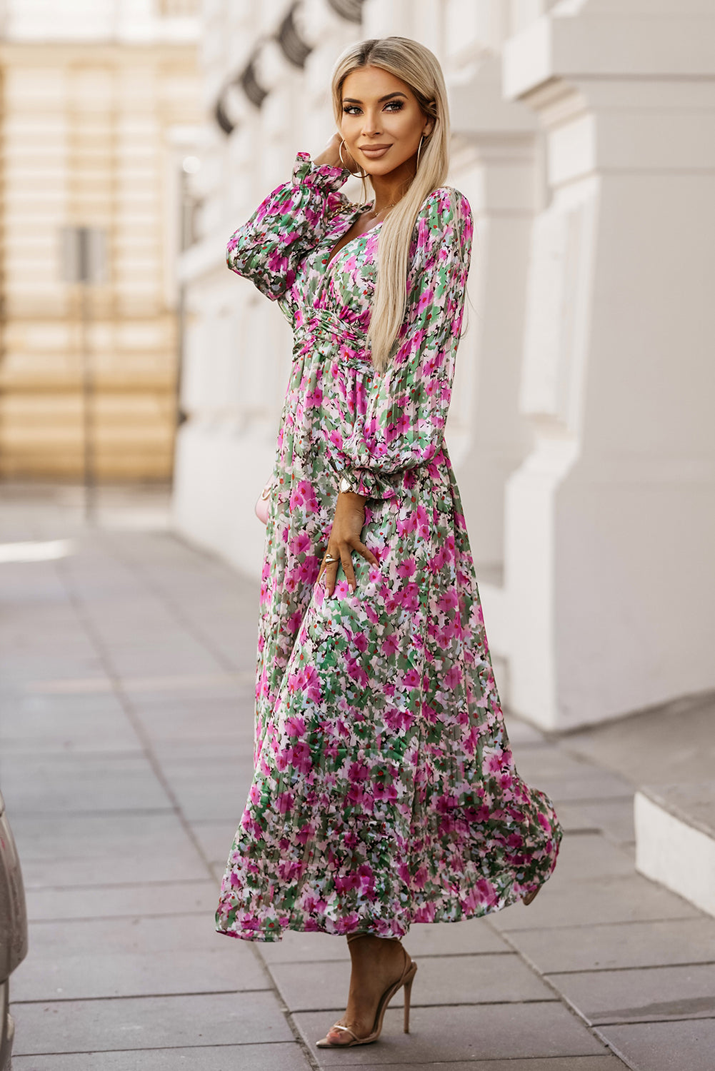 Green Floral Print Cinched Waist Maxi Dress