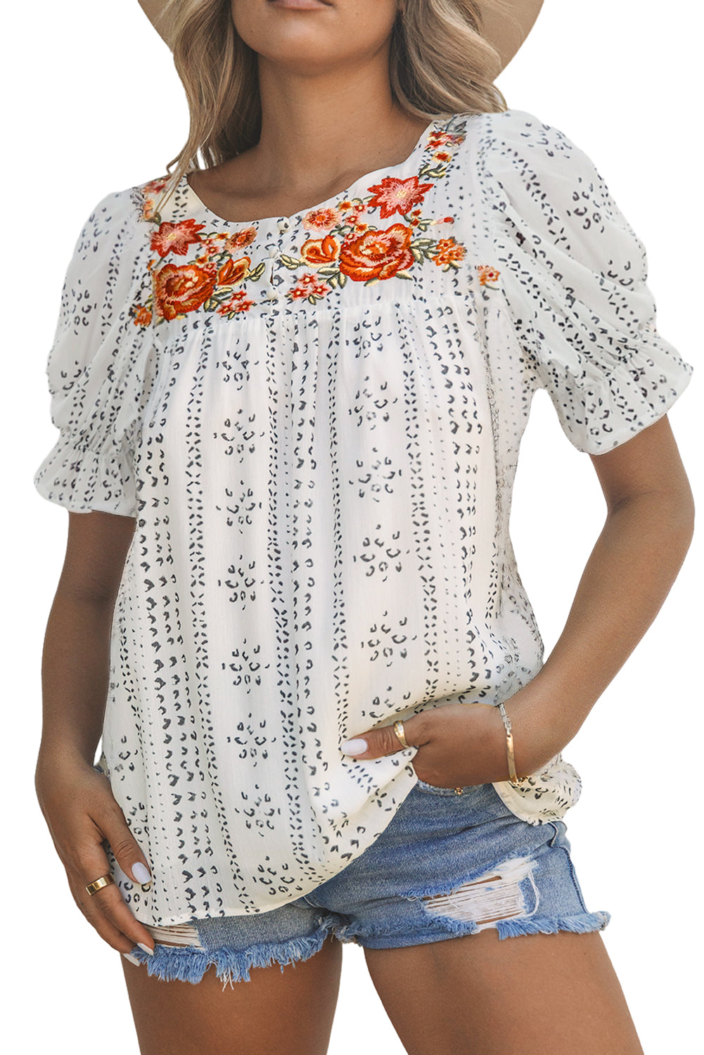 White Floral Embroidered Blouse