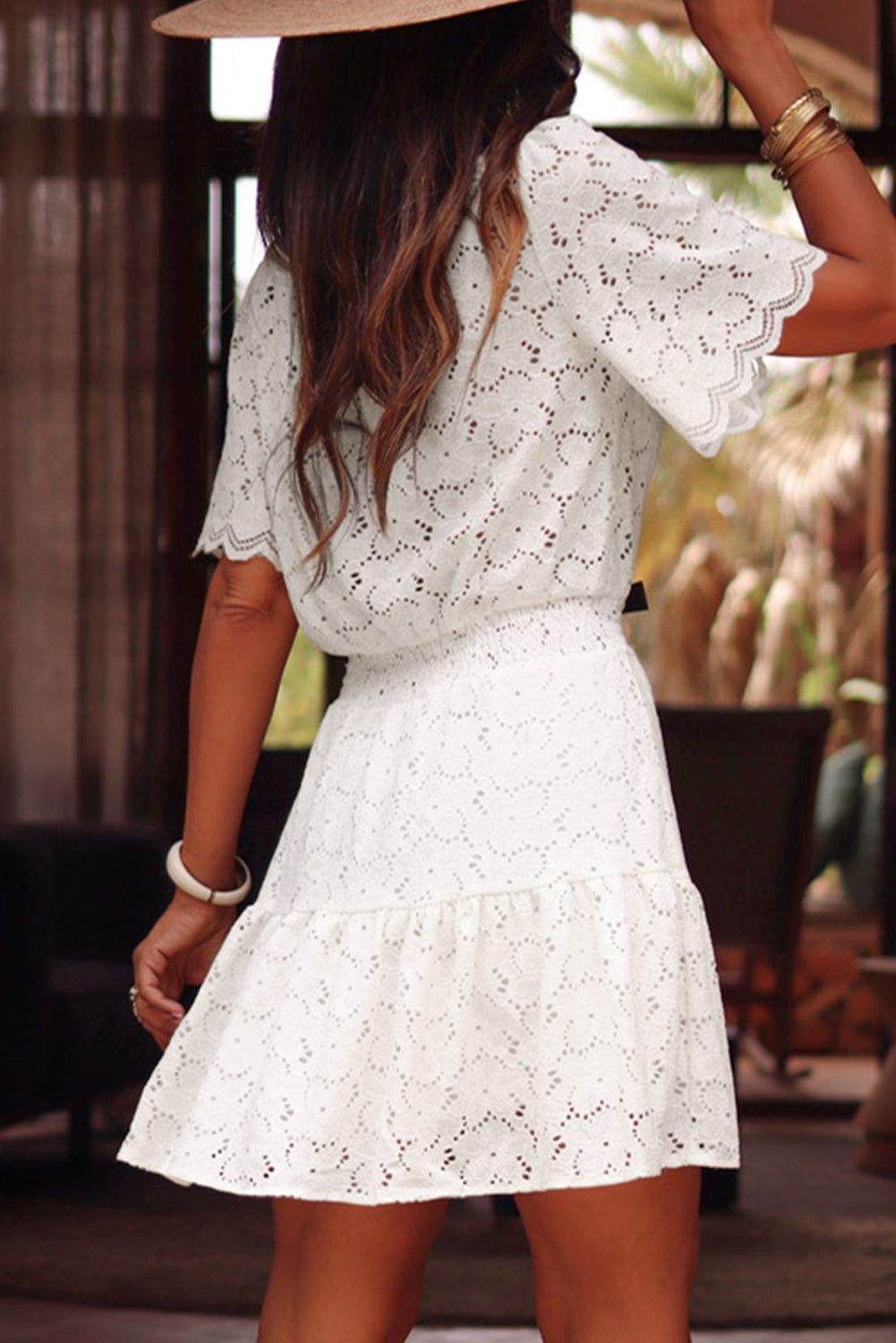 White Scalloped Floral Lace Short Sleeve Mini Dress