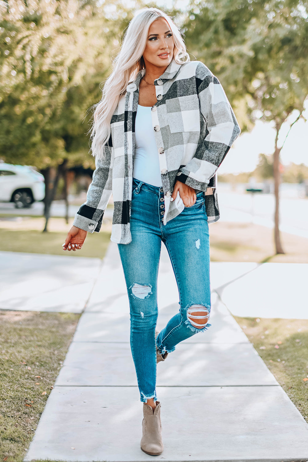 Gray Plaid Jacket with Pocket