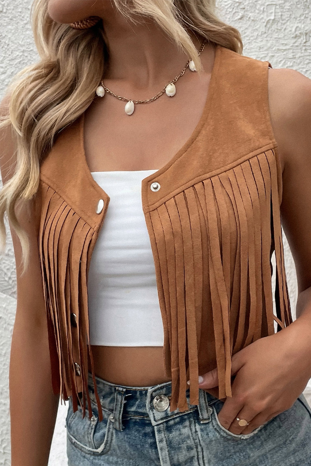 Camel Fringed Cropped Vest