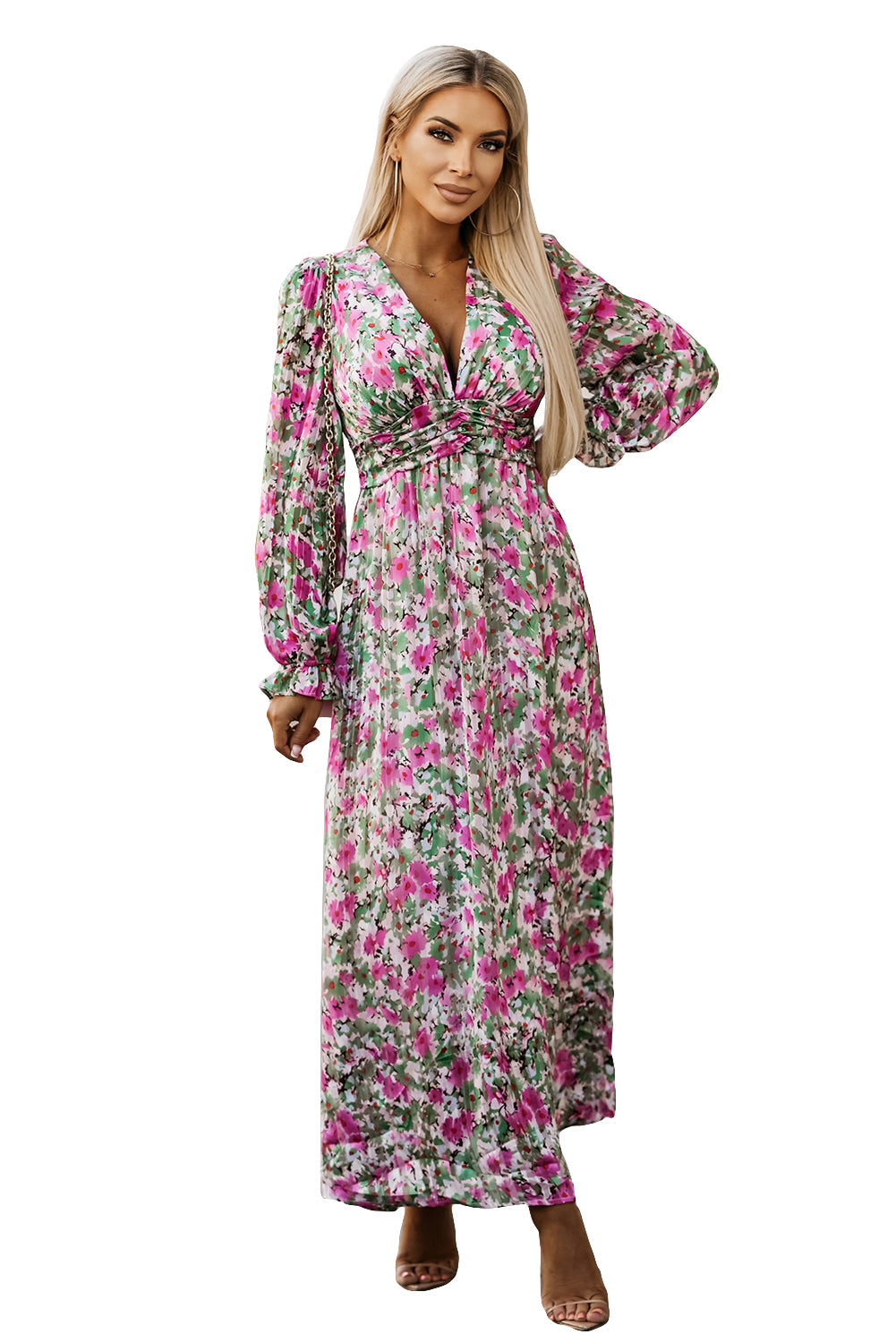 Green Floral Print Cinched Waist Maxi Dress