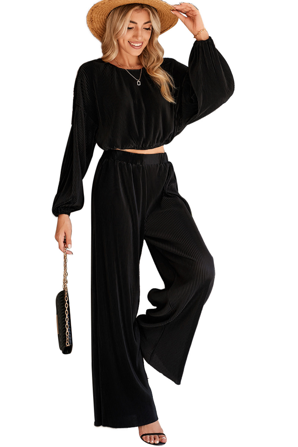 Black Corded Cropped Pullover and Wide Leg Pants Set