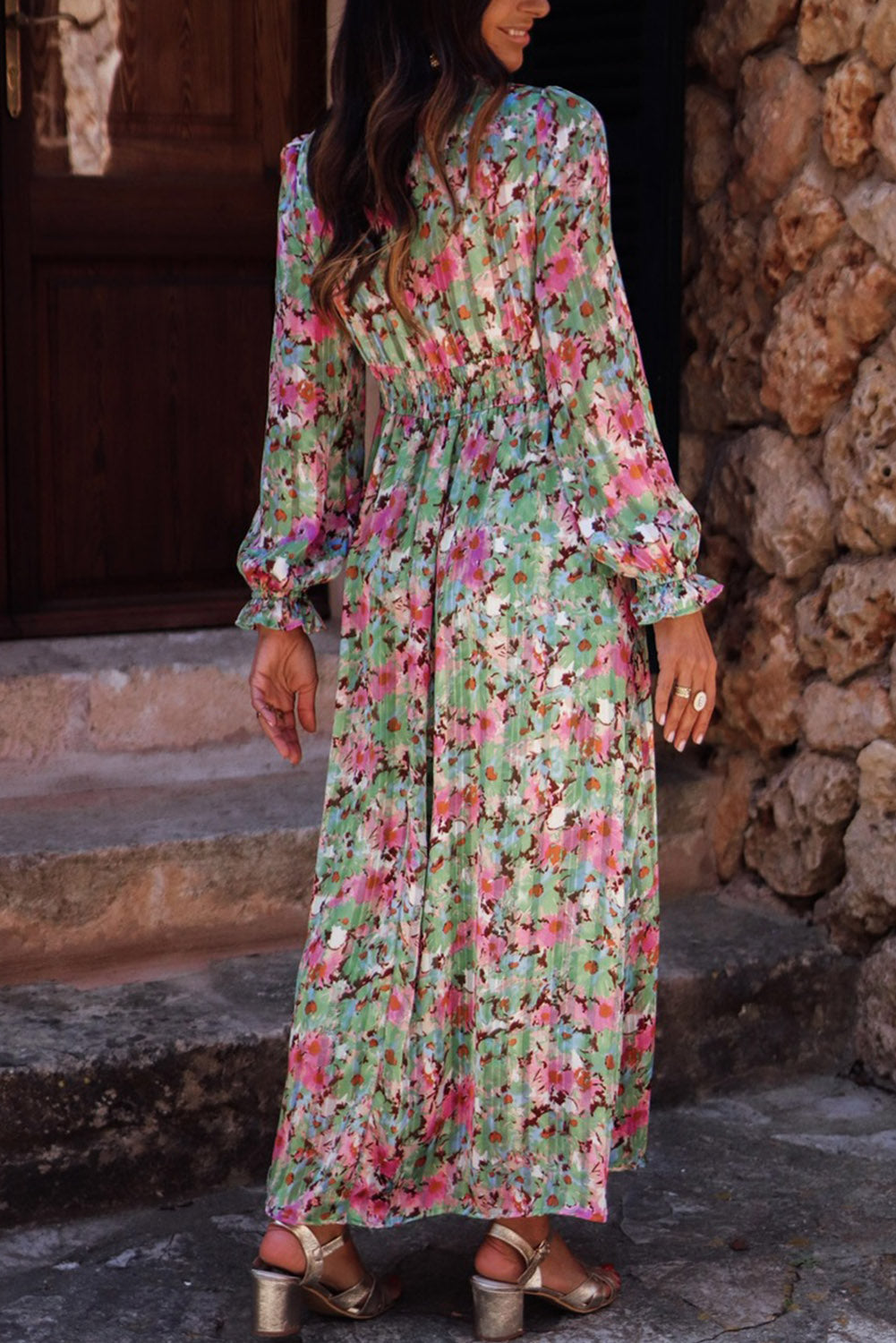 Green Floral Print Cinched Waist Maxi Dress