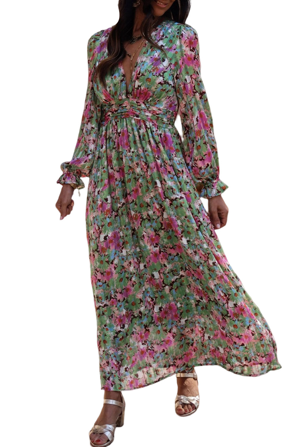 Green Floral Print Cinched Waist Maxi Dress