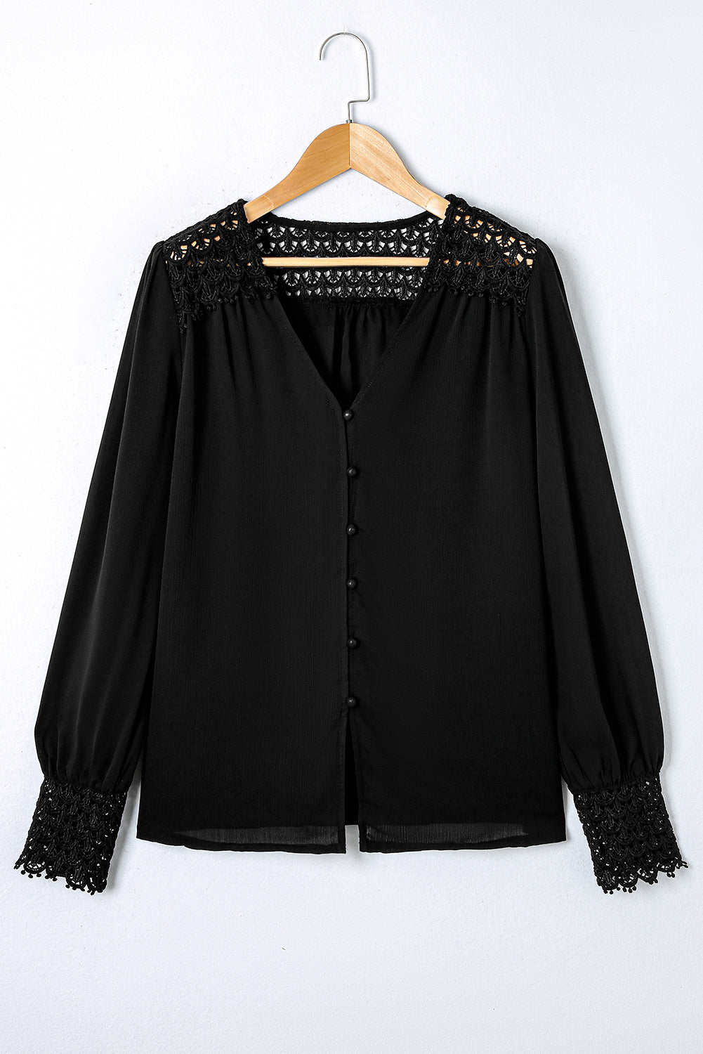 Black Crochet Lace Splice Buttoned Shirt