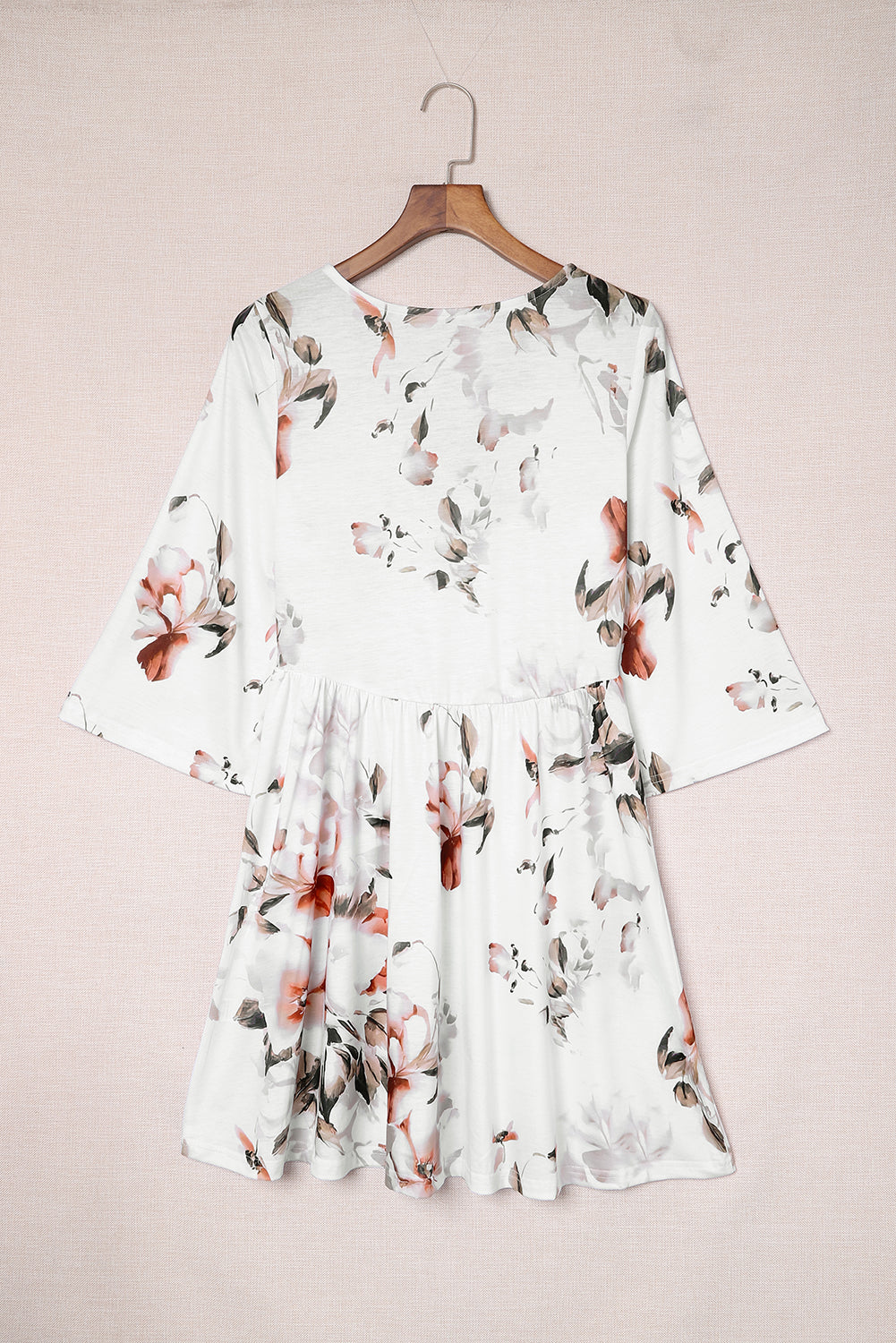 White Floral Print V Neck Flutter Half Sleeve Empire Waist Dress