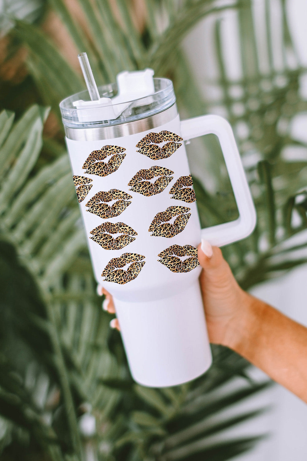 White Leopard Lips Print Cup with Straw 40oz