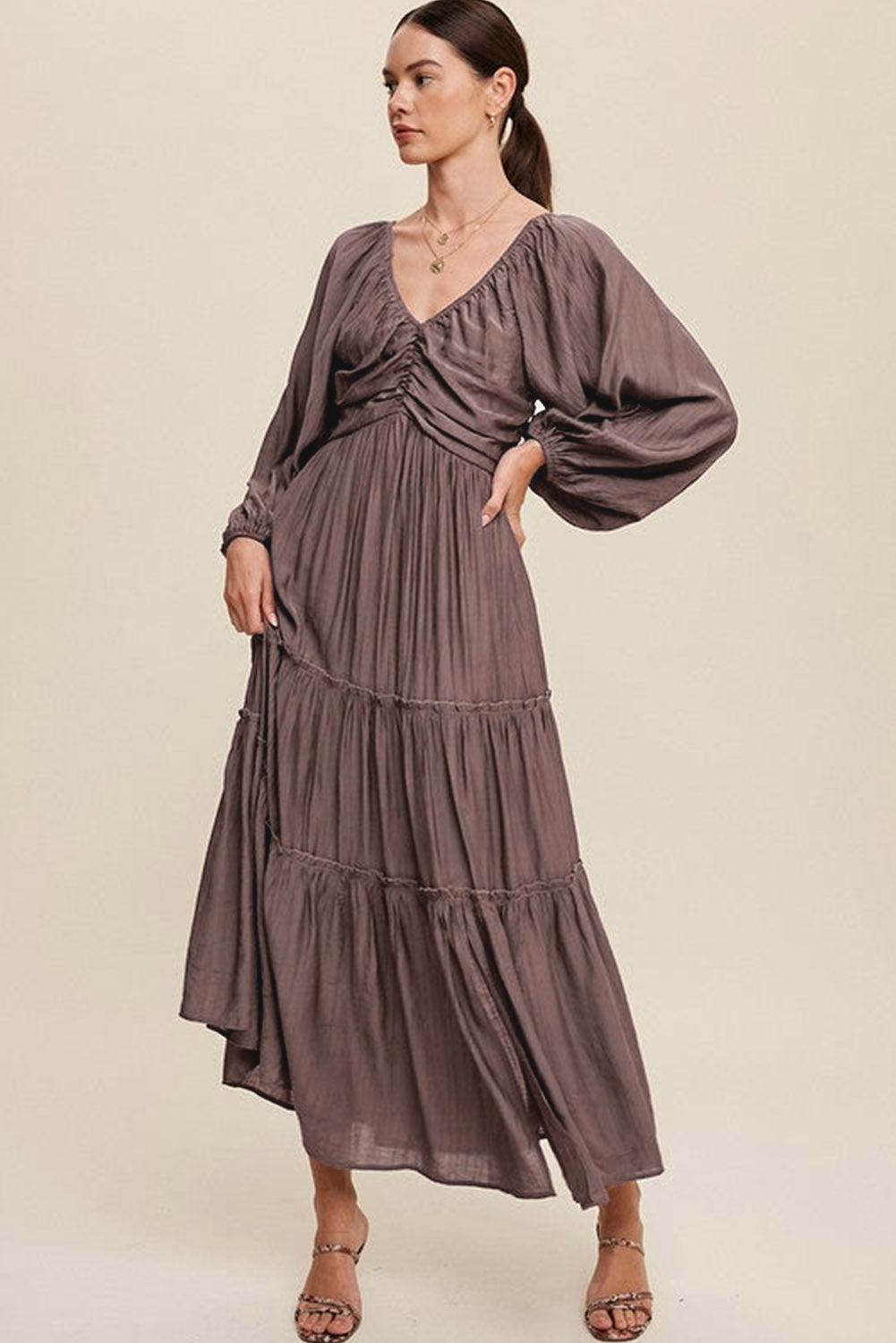 Brown V Neck Tiered Maxi Dress