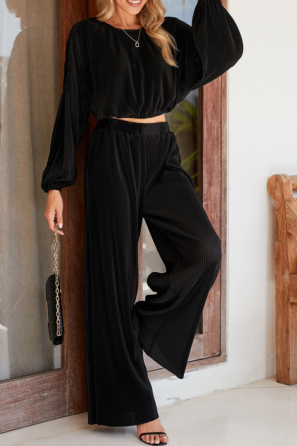 Black Corded Cropped Pullover and Wide Leg Pants Set