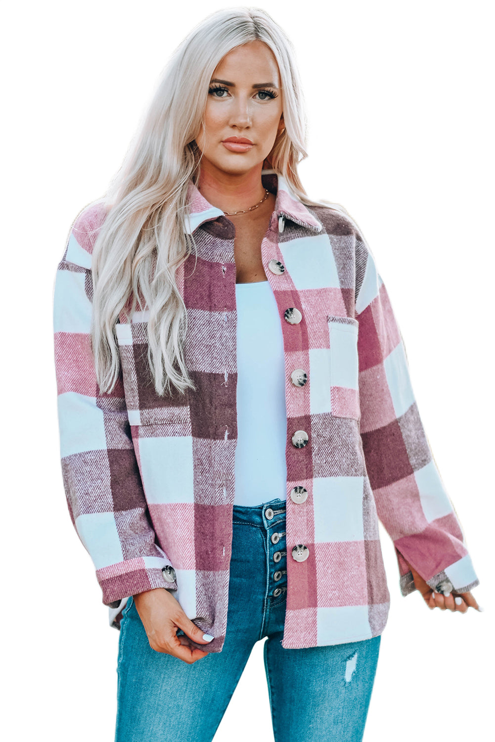 Plaid Buttoned Long Sleeve Jacket with Pocket