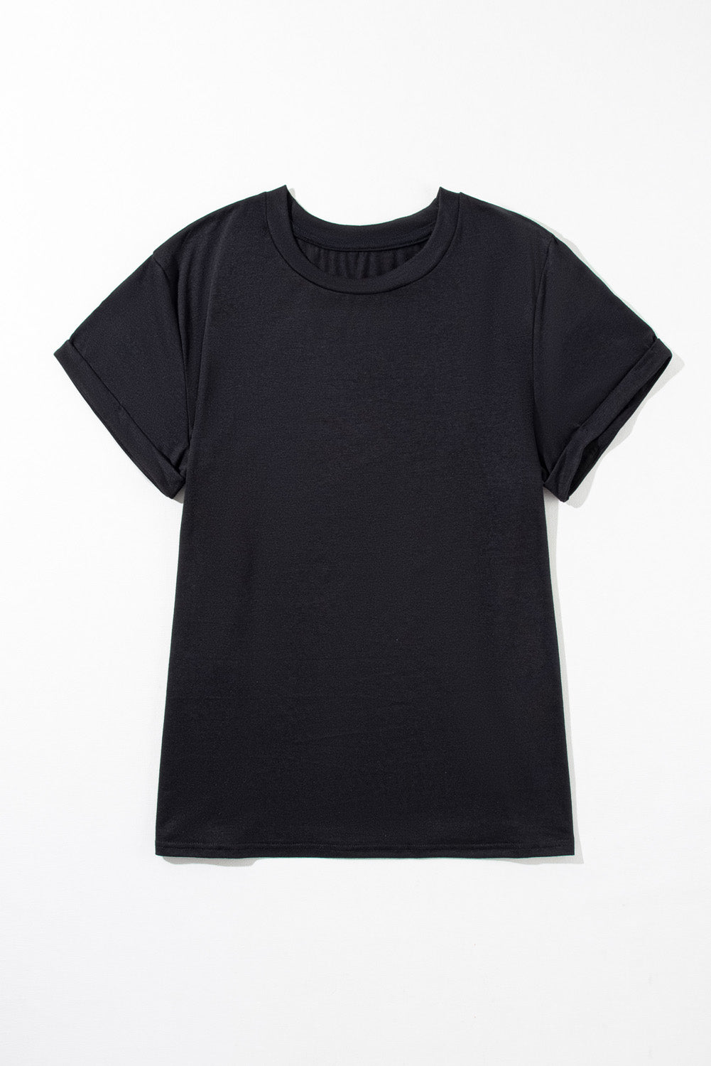 Black Round Neck Rolled Sleeve Plus Size T-shirt