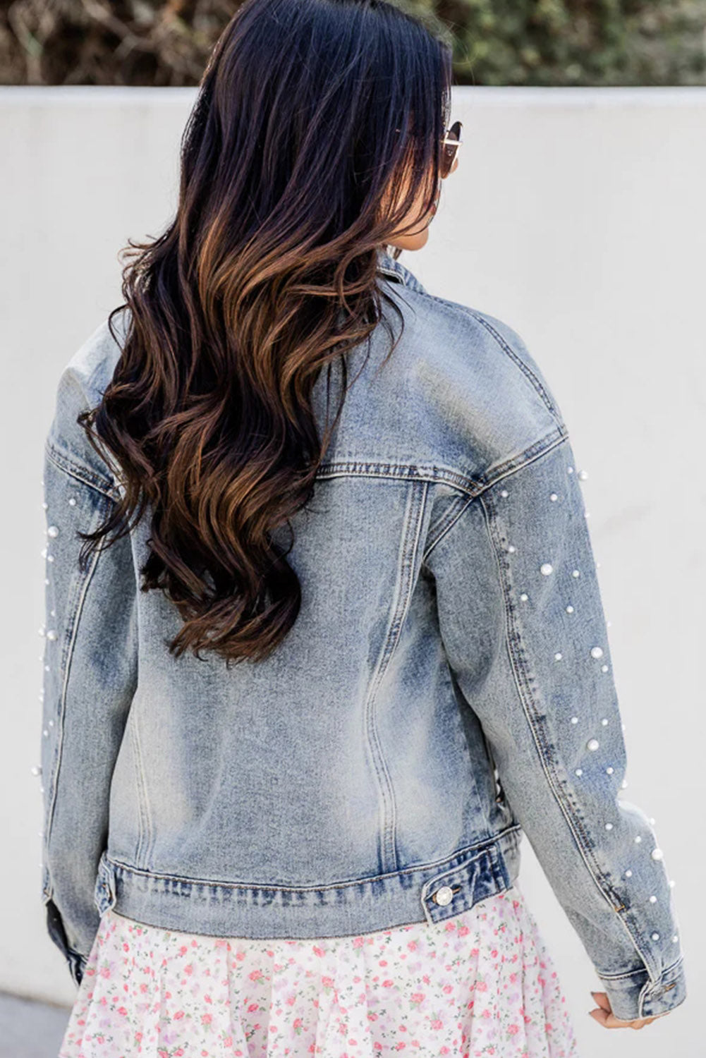 Sky Blue Pearl Beaded Denim Jacket