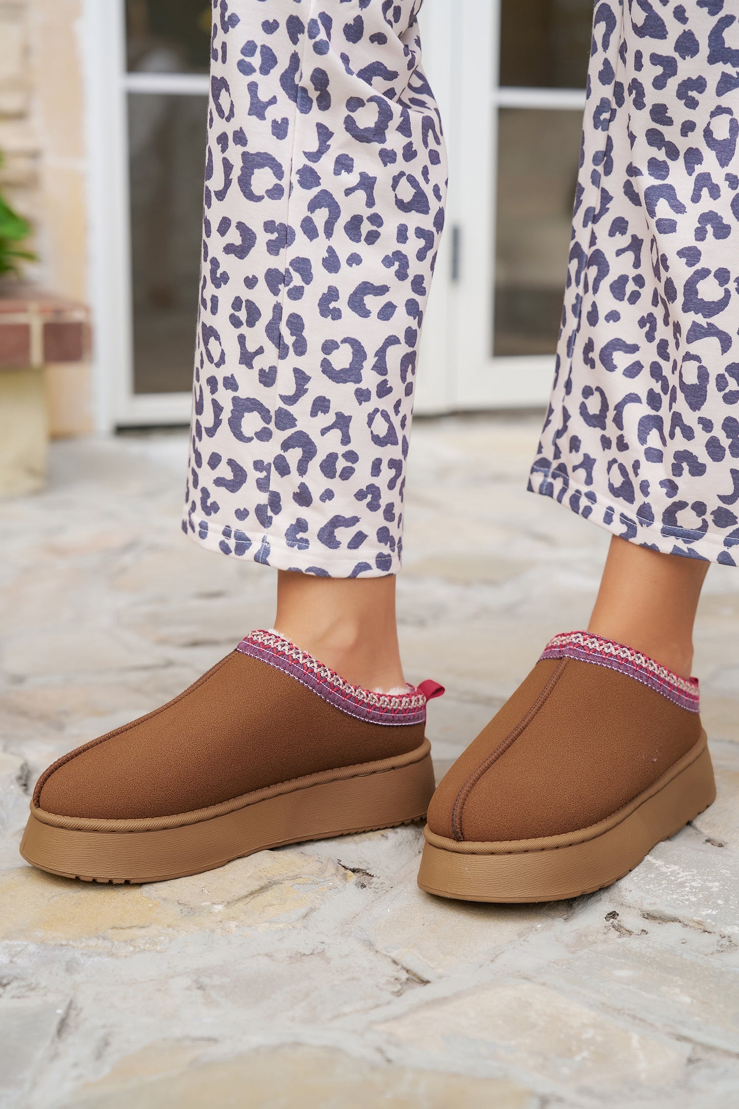 Chestnut Suede Contrast Print Round Toe Plush Lined Flats