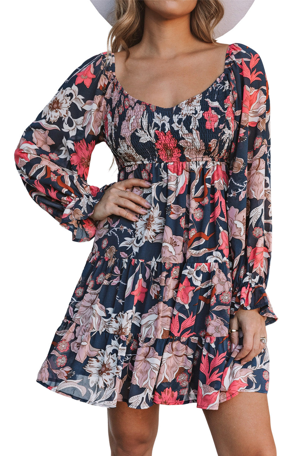 Blue Floral Tiered Long Puff Sleeve Mini Dress