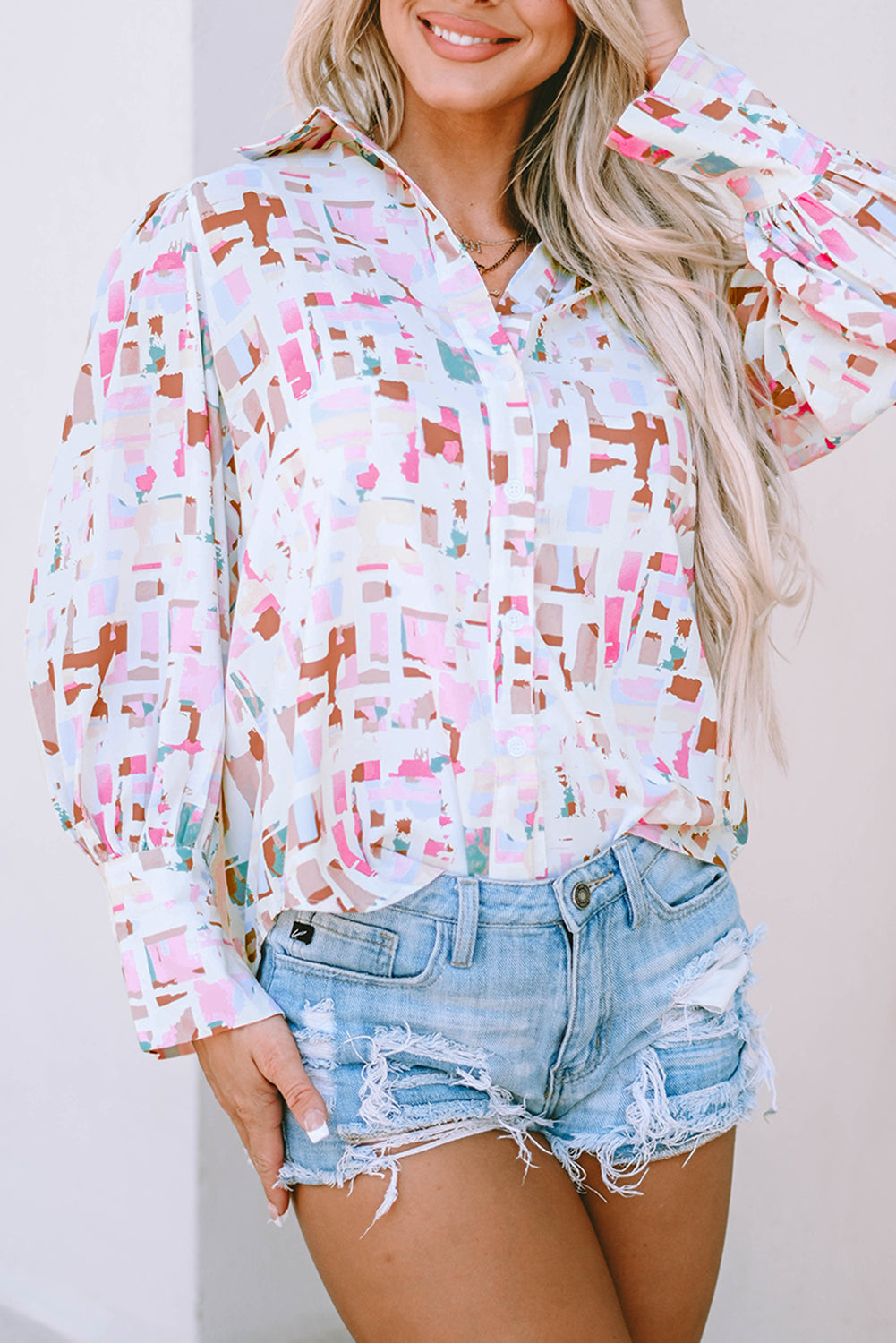 Multicolor Abstract Print Lantern Sleeve Casual Shirt