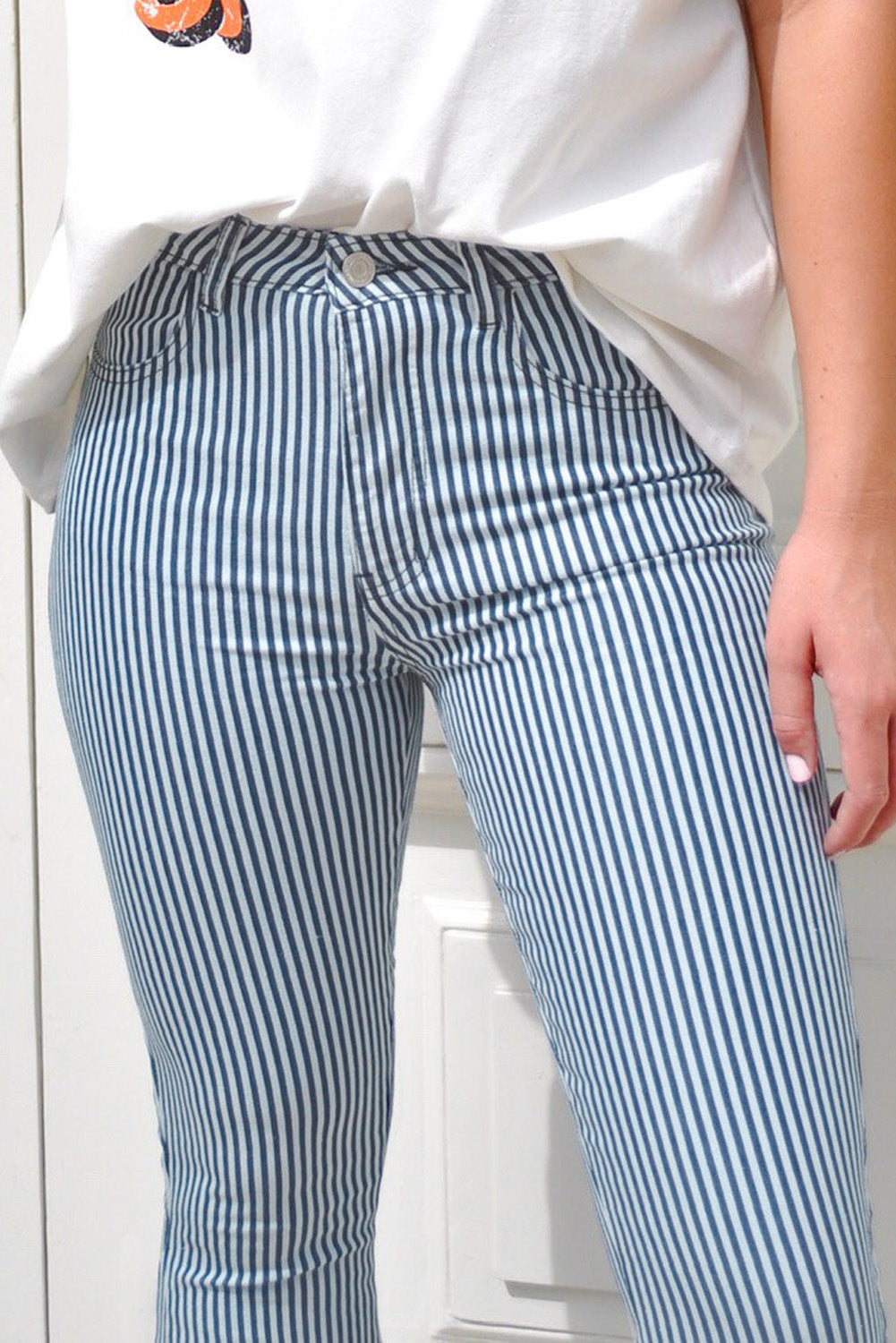 Light Blue Stripe Mid Rise Bell Bottom Pants