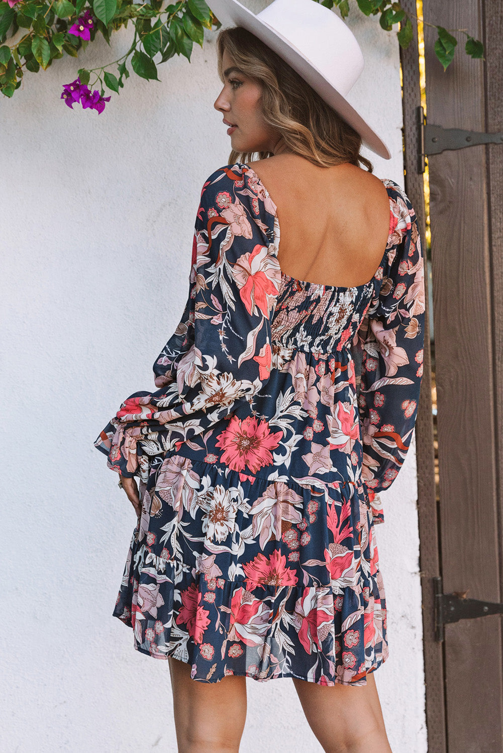 Blue Floral Tiered Long Puff Sleeve Mini Dress