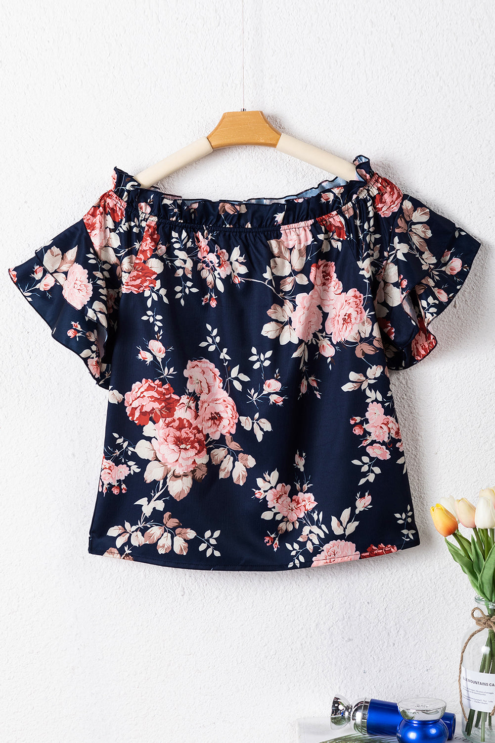 Blue Ruffle Off Shoulder Flounce Sleeve Floral Blouse