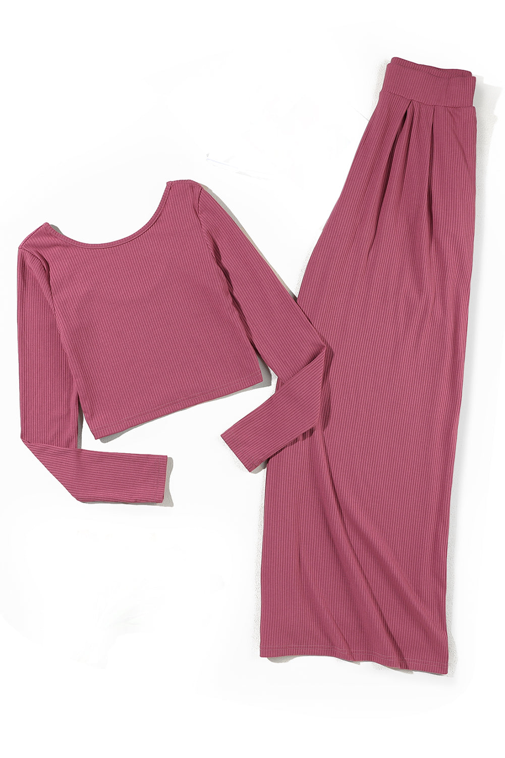 Pink Ribbed Crop Top & Wide Leg Pant set