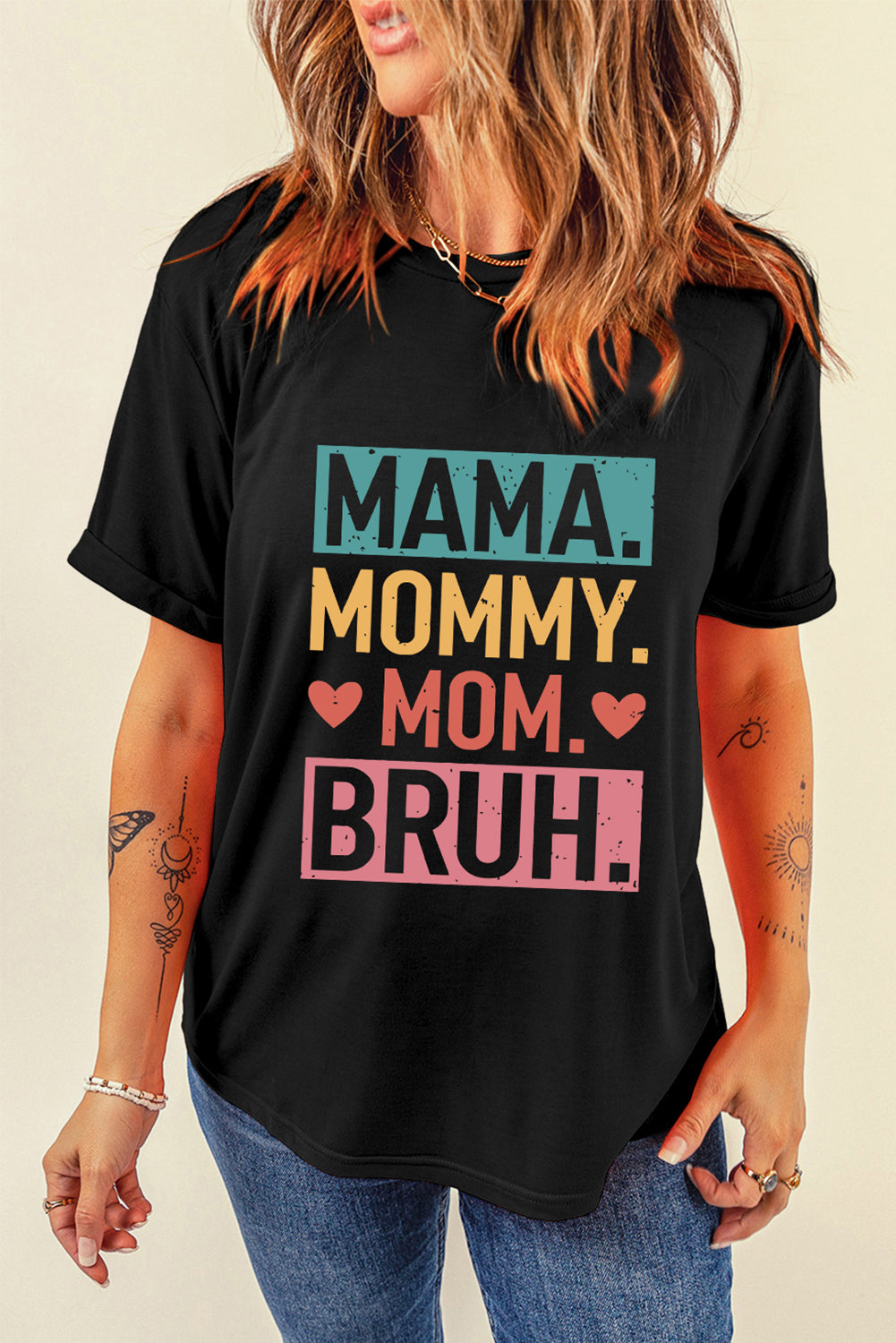 Black MAMA MOMMY MOM BRUH Letter Graphic Tee