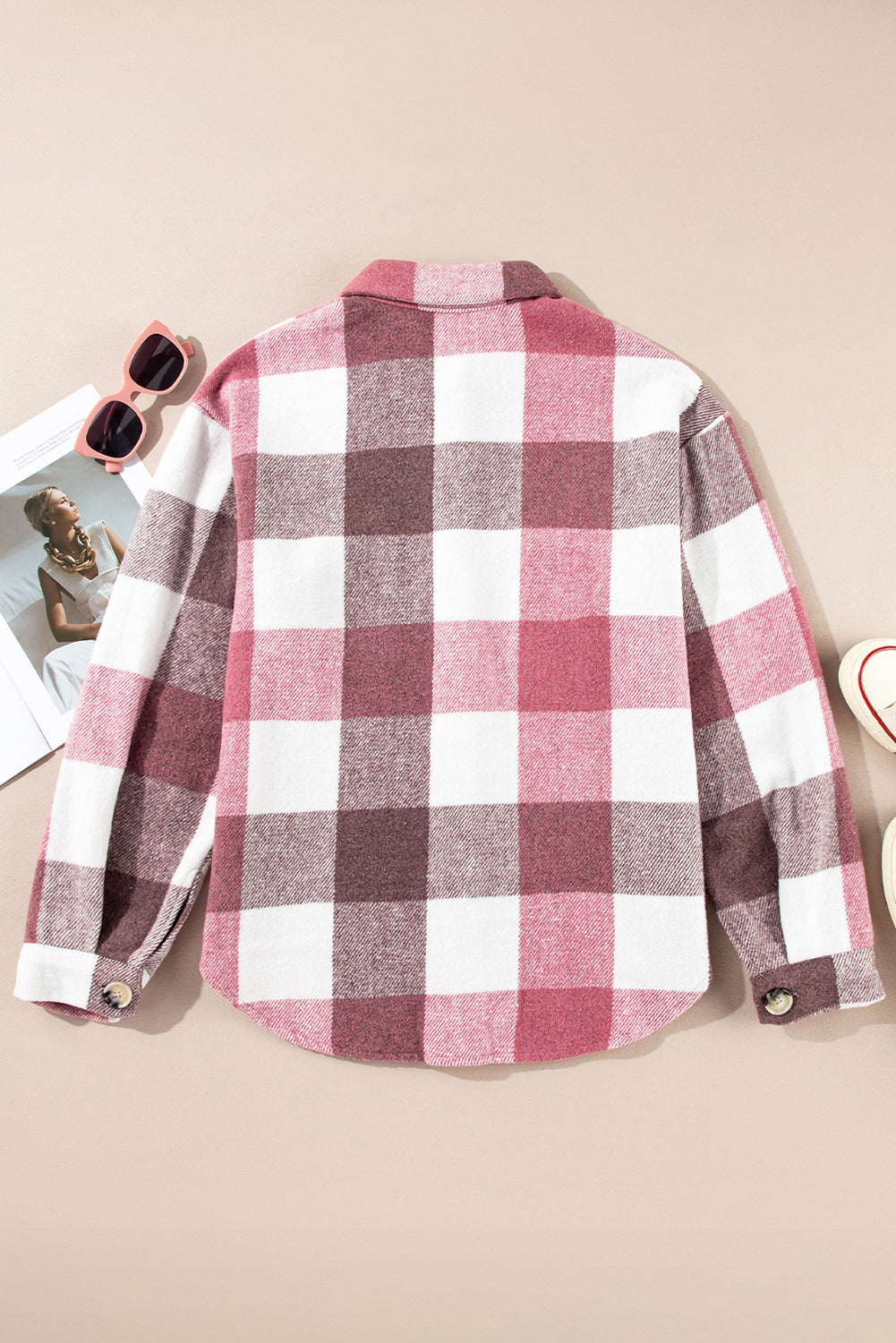 Plaid Buttoned Long Sleeve Jacket with Pocket