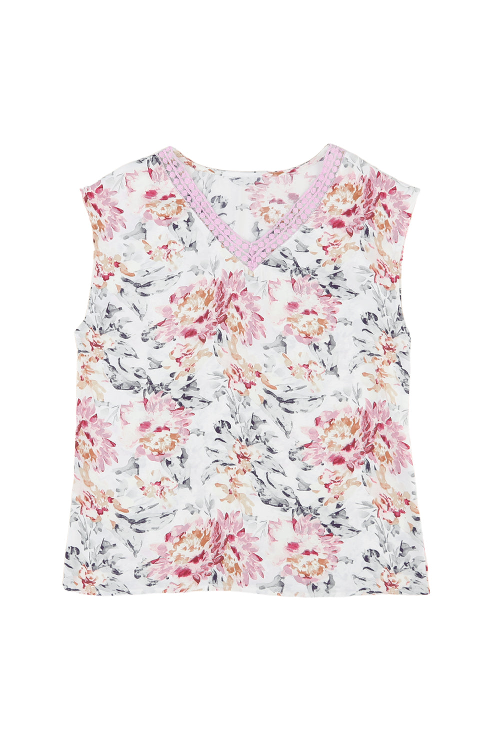 Pink Floral Print Lace Splicing Sleeveless Blouse