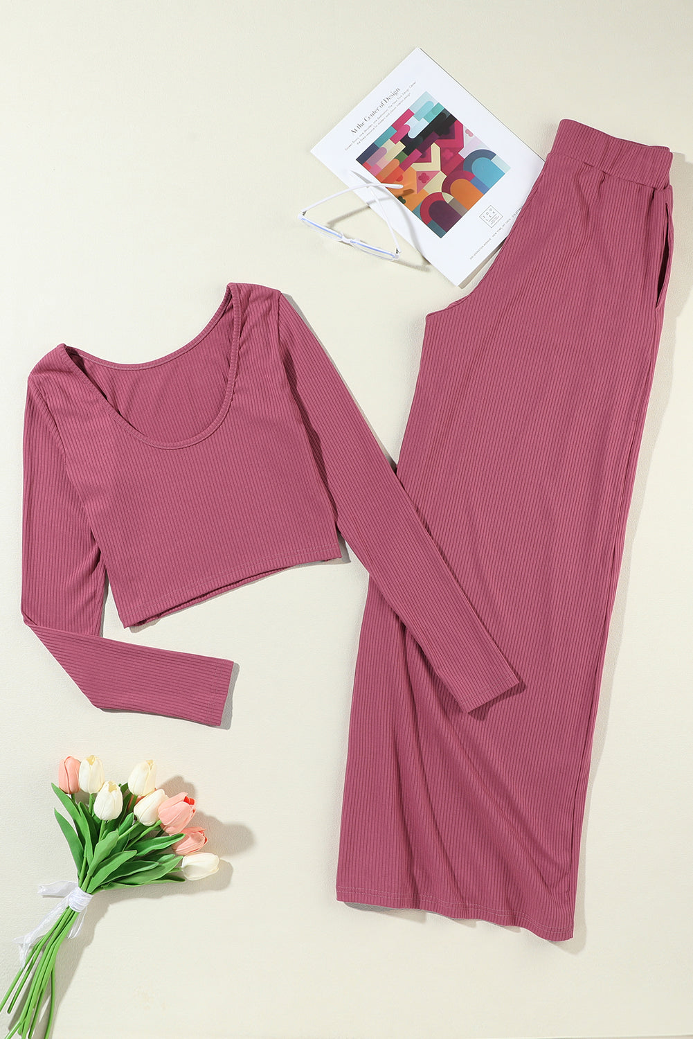 Pink Ribbed Crop Top & Wide Leg Pant set