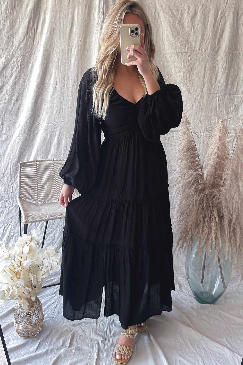 Brown V Neck Tiered Maxi Dress