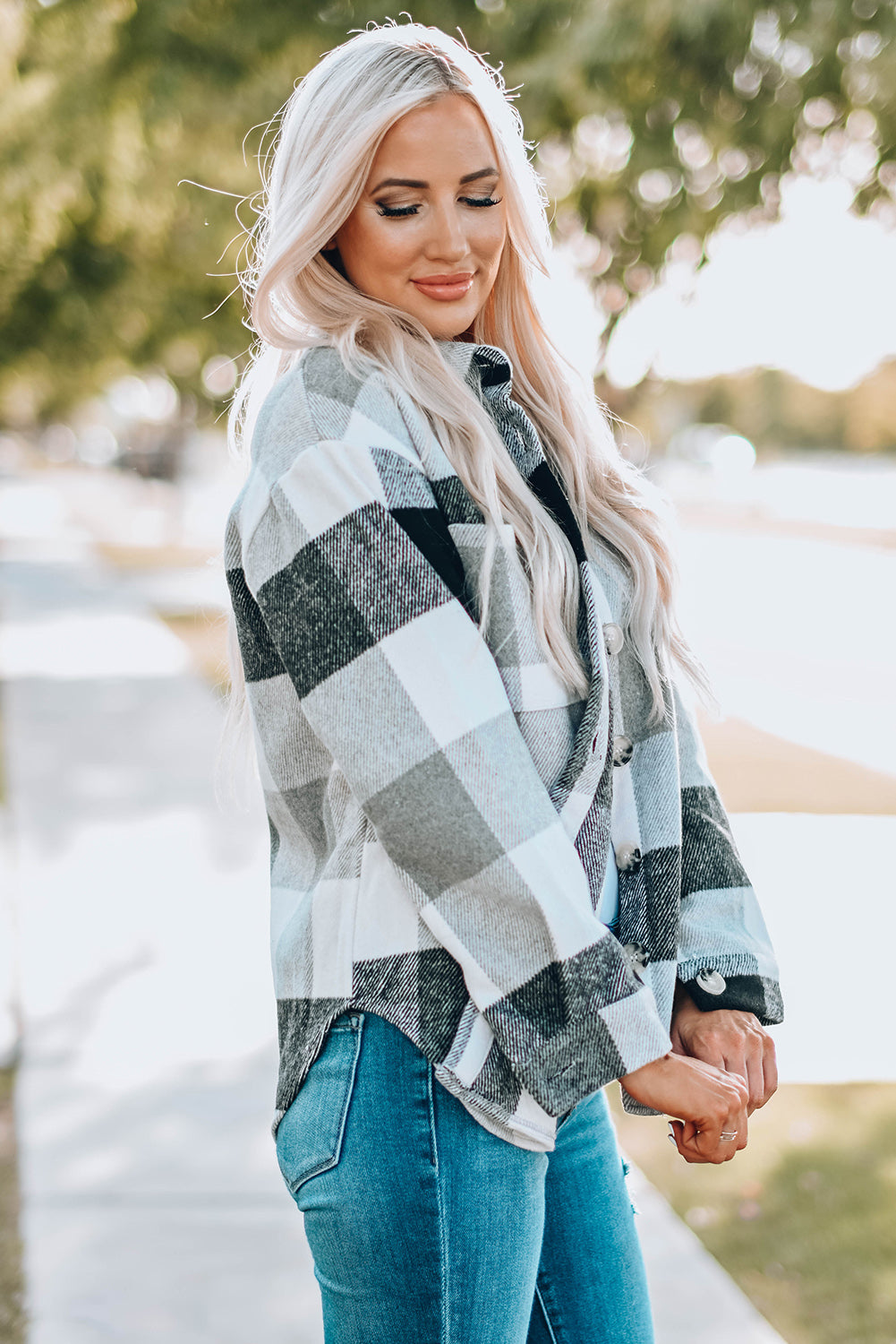 Gray Plaid Jacket with Pocket