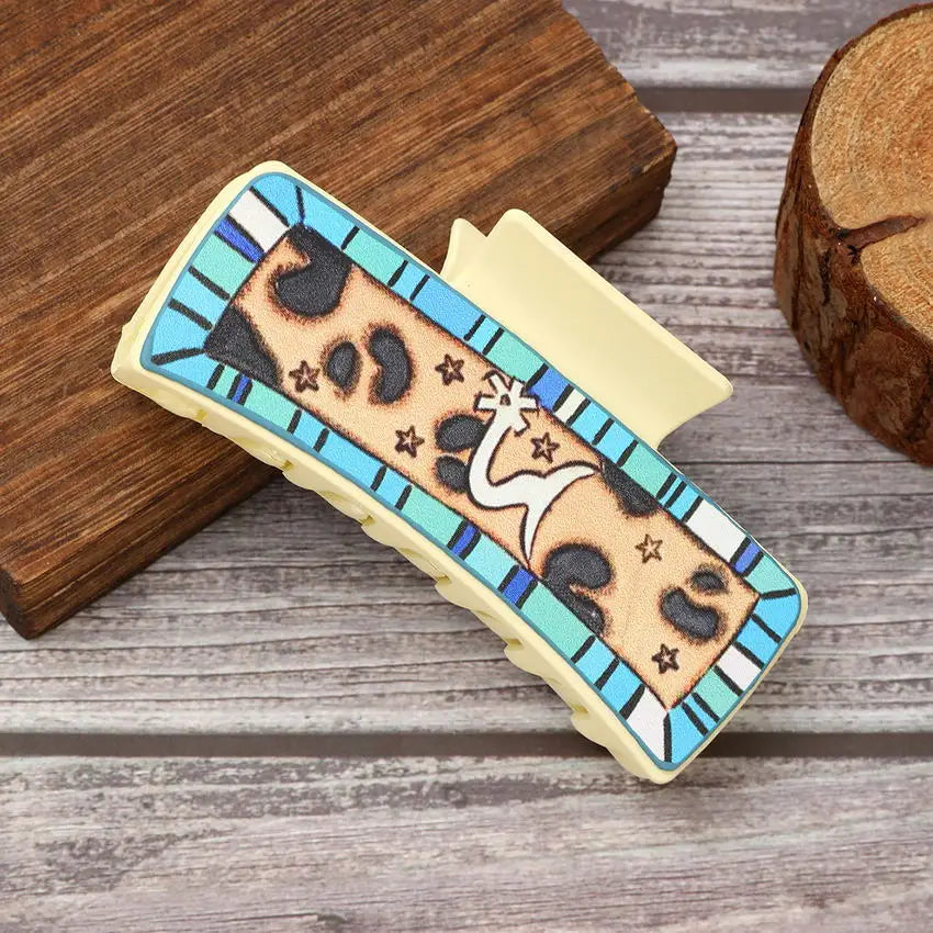 Turquoise Cow Print Leather Claw Clips - 4 inch, Western Style for Women