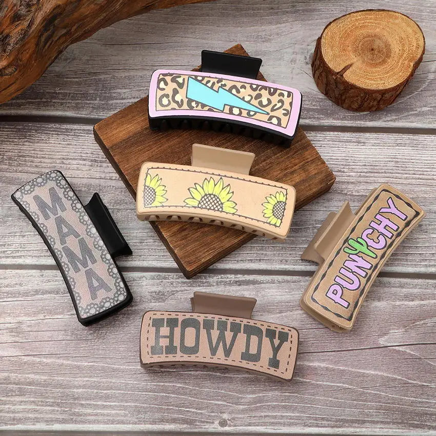 Turquoise Cow Print Leather Claw Clips - 4 inch, Western Style for Women