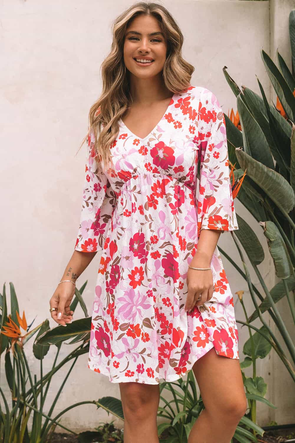 White Floral Print V Neck Flutter Half Sleeve Empire Waist Dress