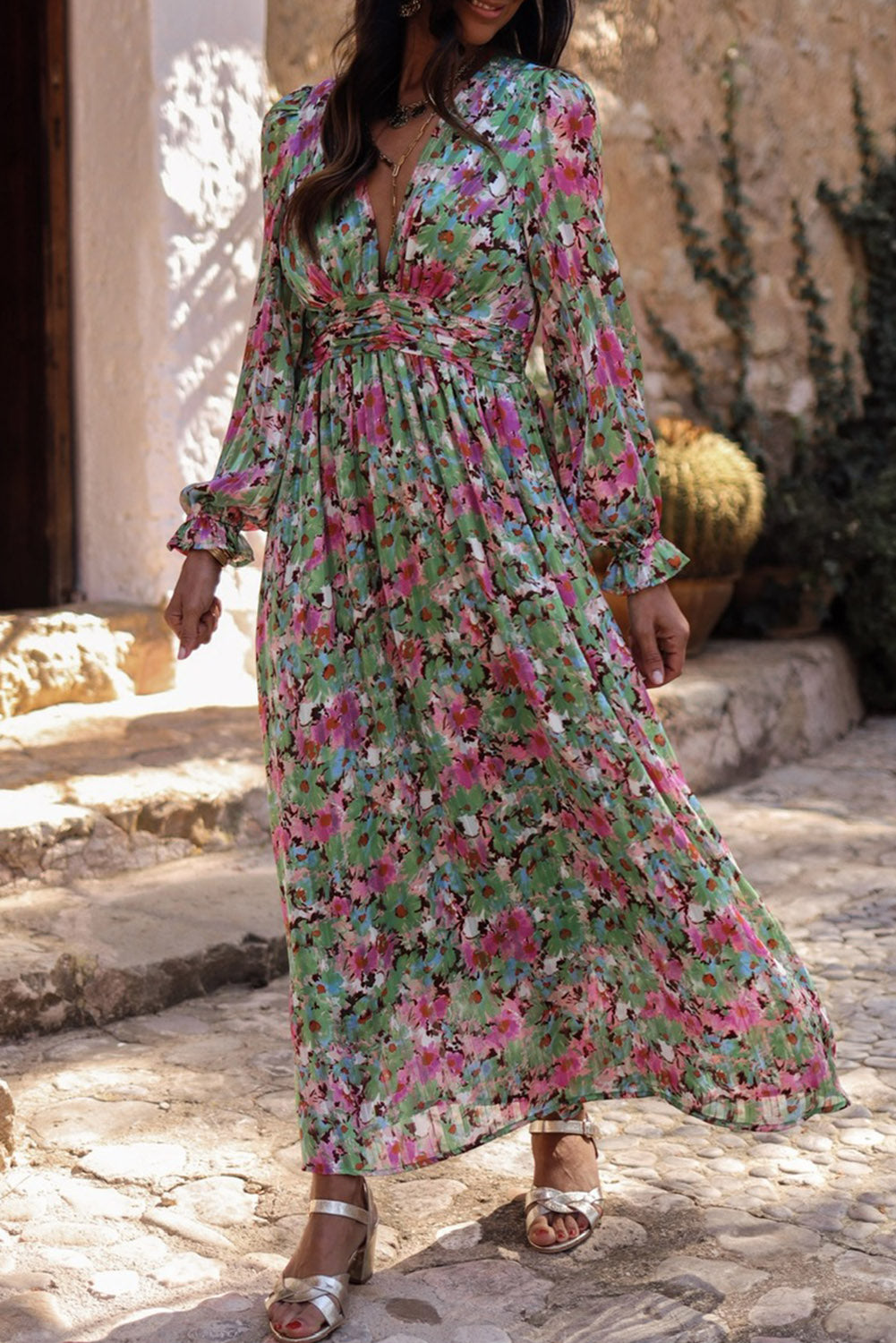 Green Floral Print Cinched Waist Maxi Dress