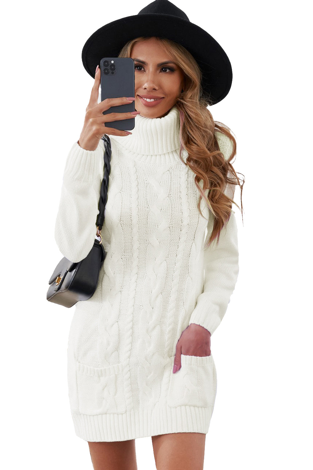 White Cowl Neck Cable Knit Sweater Dress