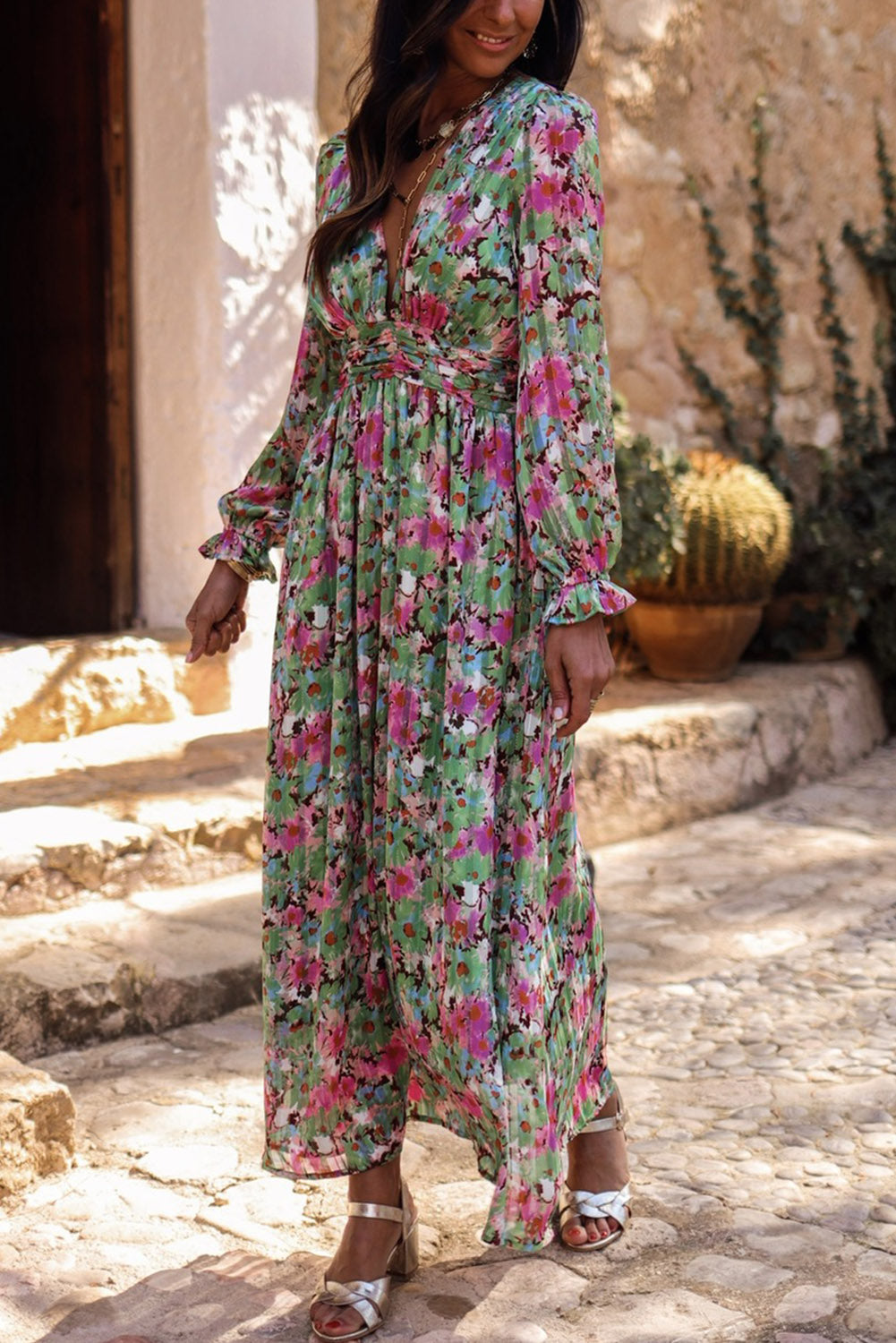 Green Floral Print Cinched Waist Maxi Dress