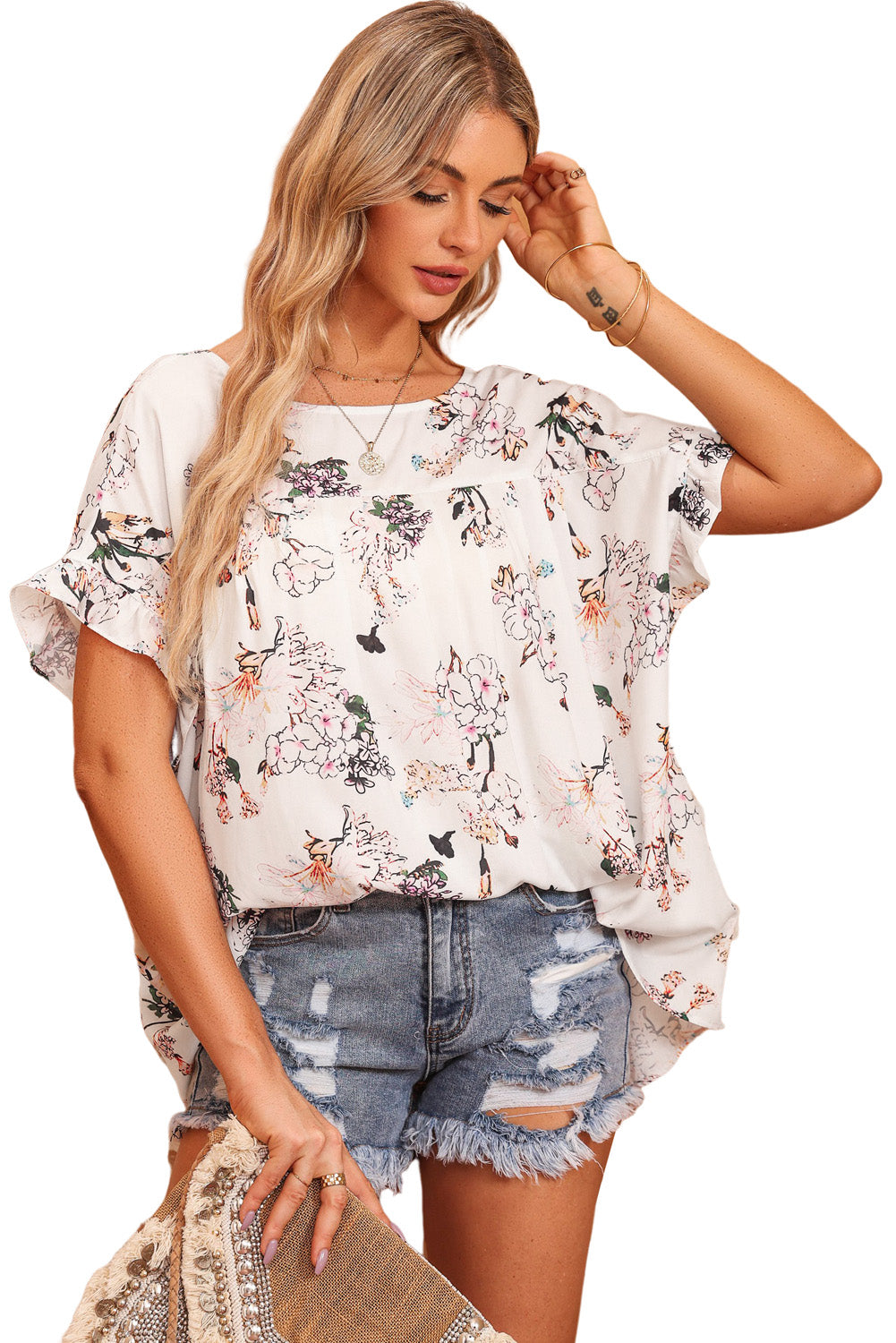 White Floral Ruffled Short Sleeve Back Knot Blouse