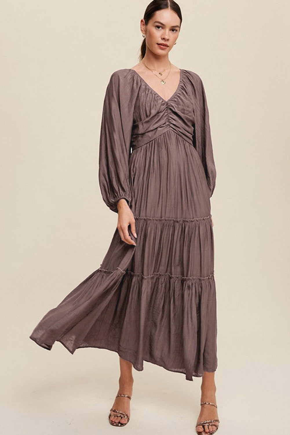 Brown V Neck Tiered Maxi Dress