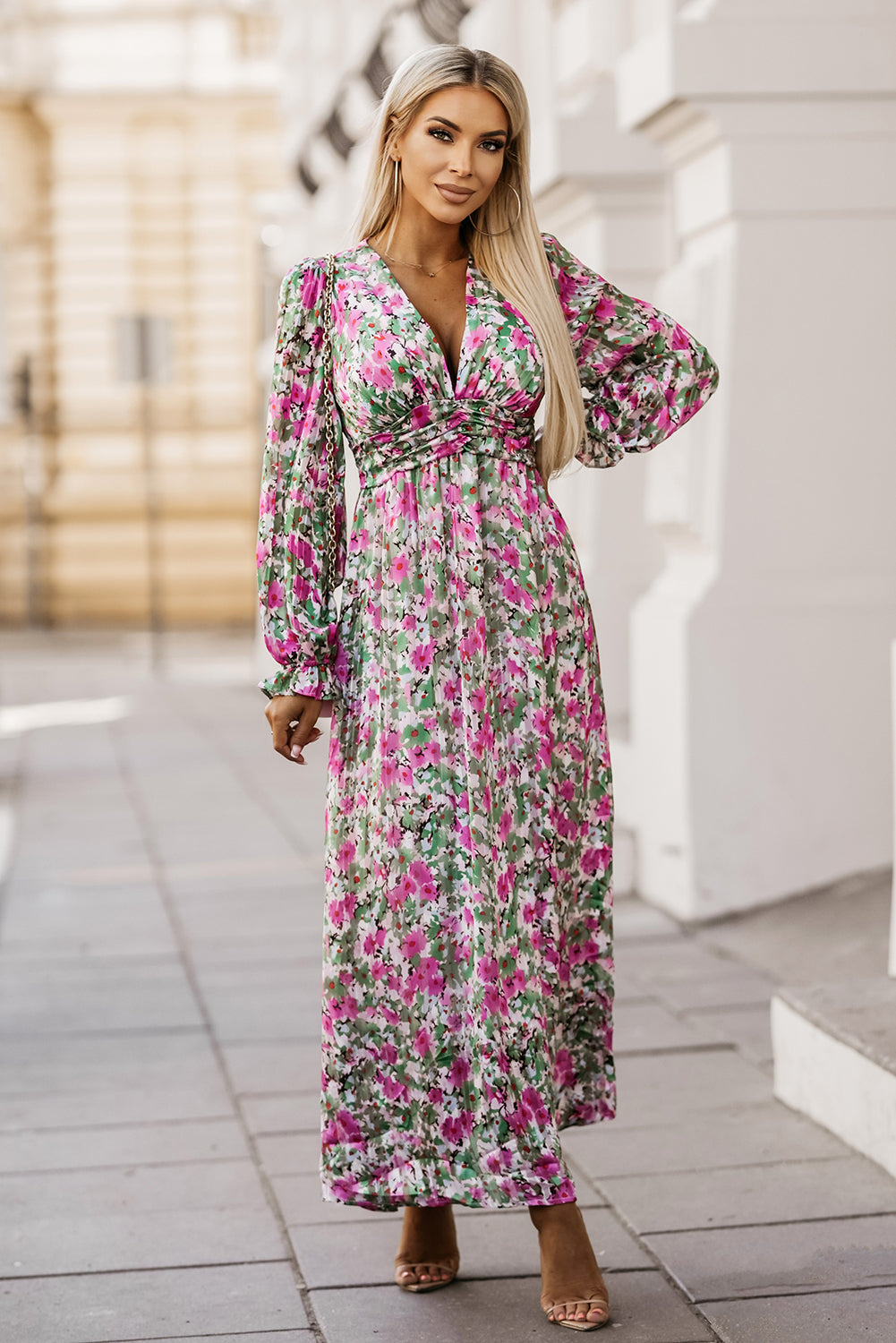 Green Floral Print Cinched Waist Maxi Dress