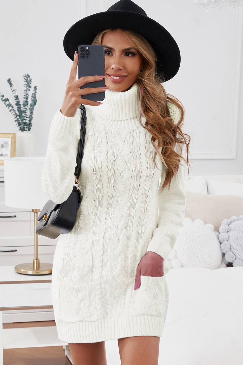 White Cowl Neck Cable Knit Sweater Dress