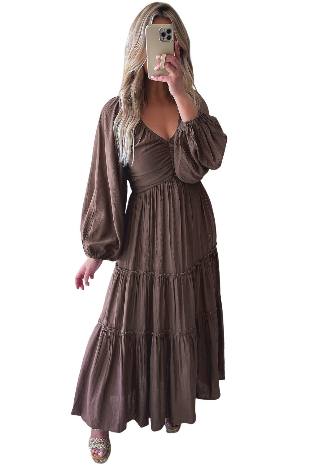 Brown V Neck Tiered Maxi Dress