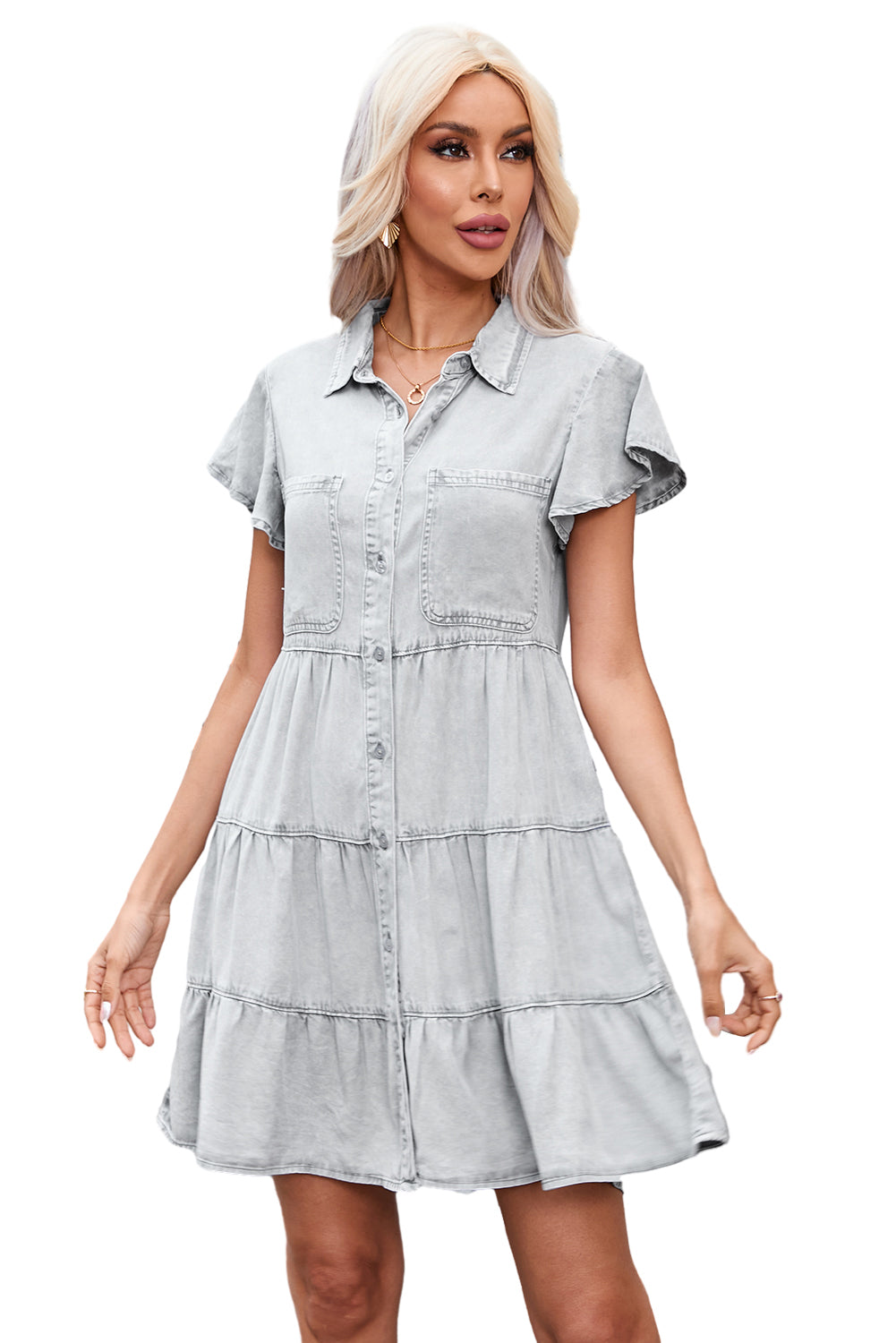 Light Grey Mineral Washed Ruffle Sleeve Tiered Chambray Dress