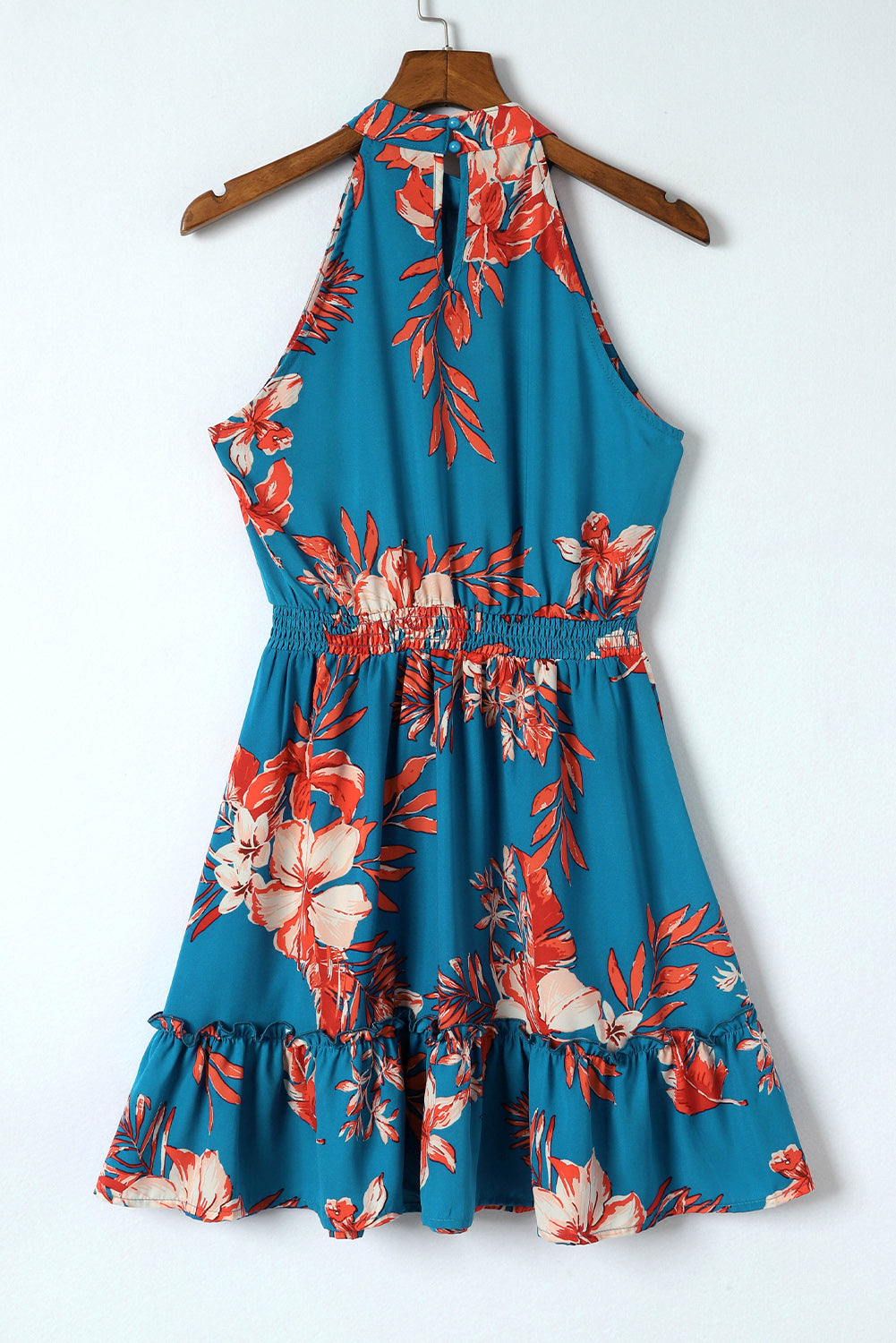 Sky Blue Floral Print Sleeveless Ruffled Mini Dress