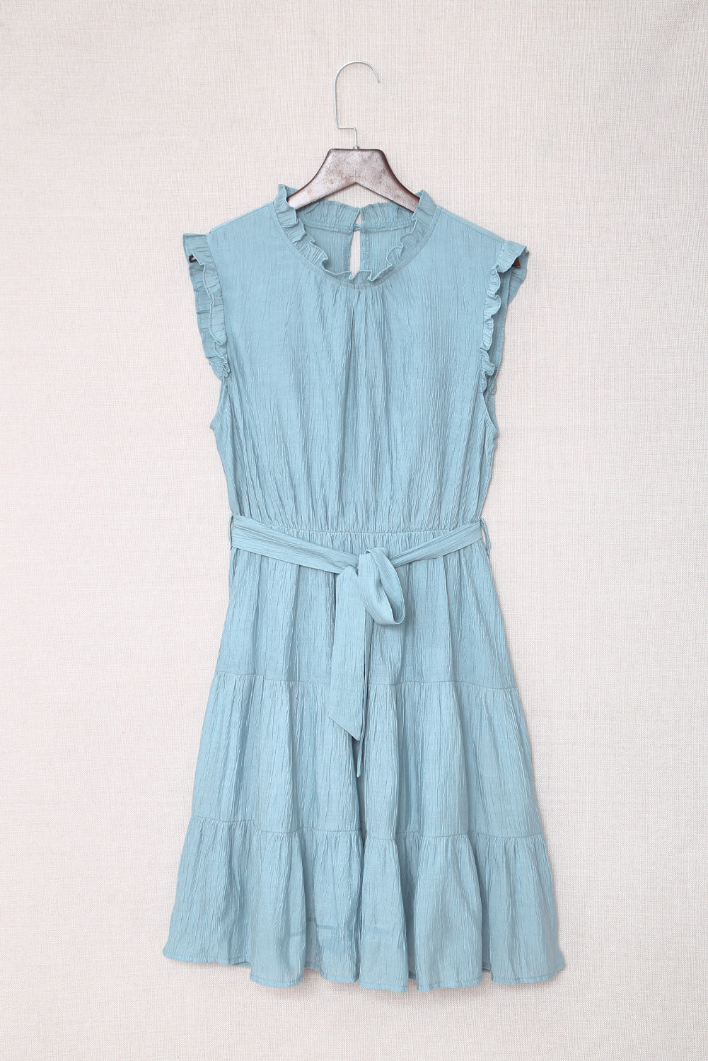 Sky Blue Frilled Neck Sleeveless Tiered Tulle Dress