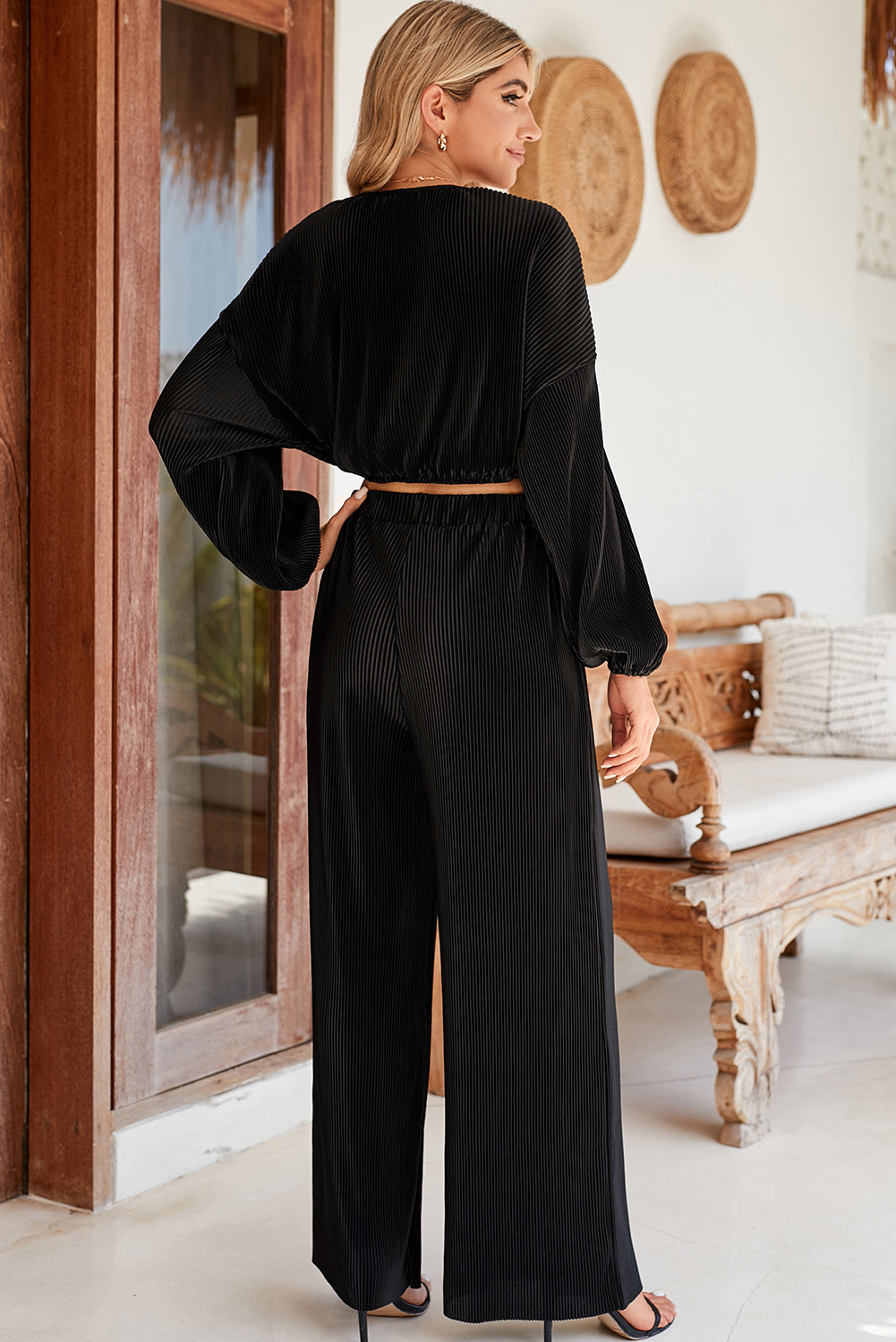 Black Corded Cropped Pullover and Wide Leg Pants Set